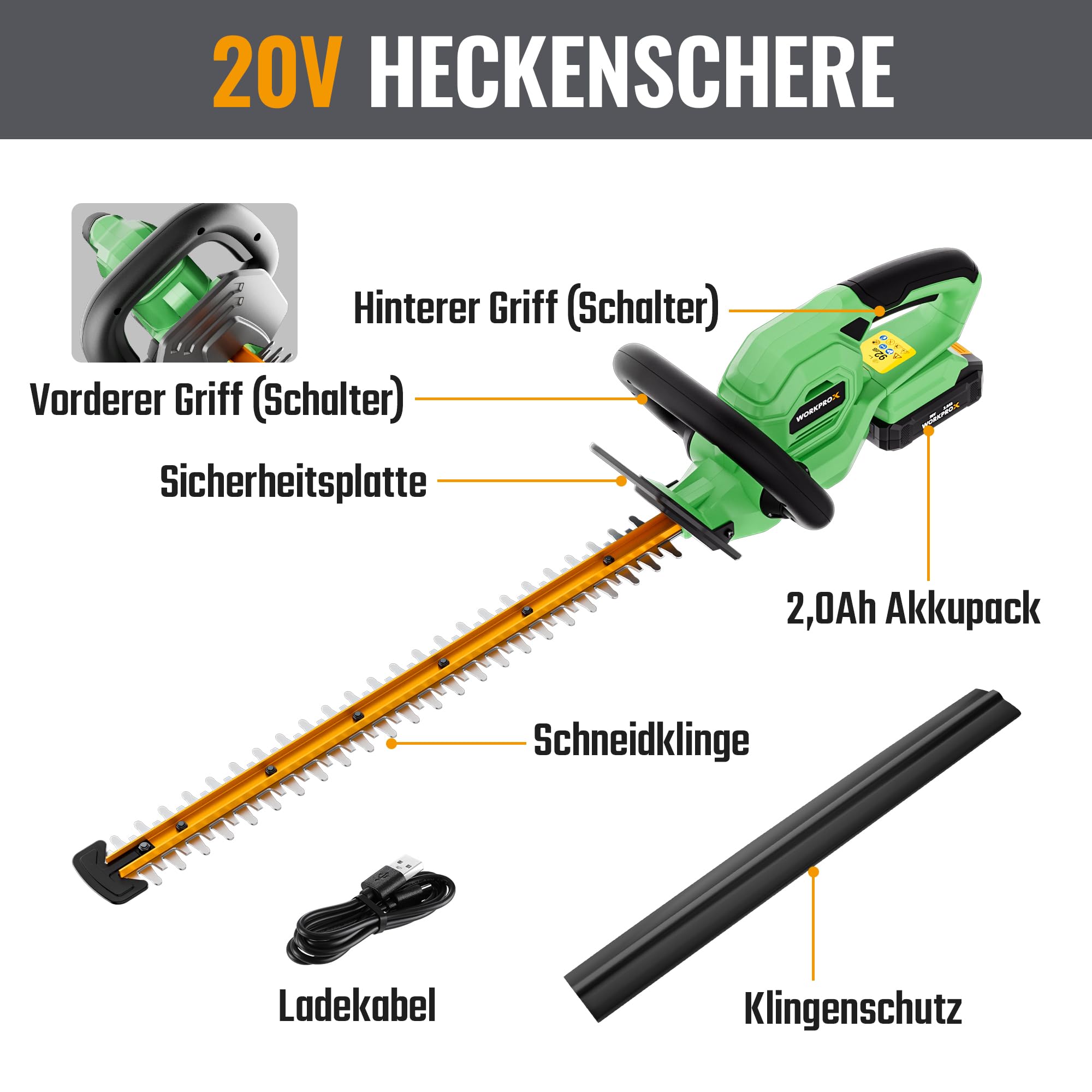 WORKPROX Heckenschere Akku 20V mit 2,0Ah Batteie & Typ-C Ladekabel, Elektrischer Heckentrimmer Schnittlänge 51cm, Schneidedurchmesser 18mm, Heckenschneider Ideal für Garten, Hecken & Sträucher