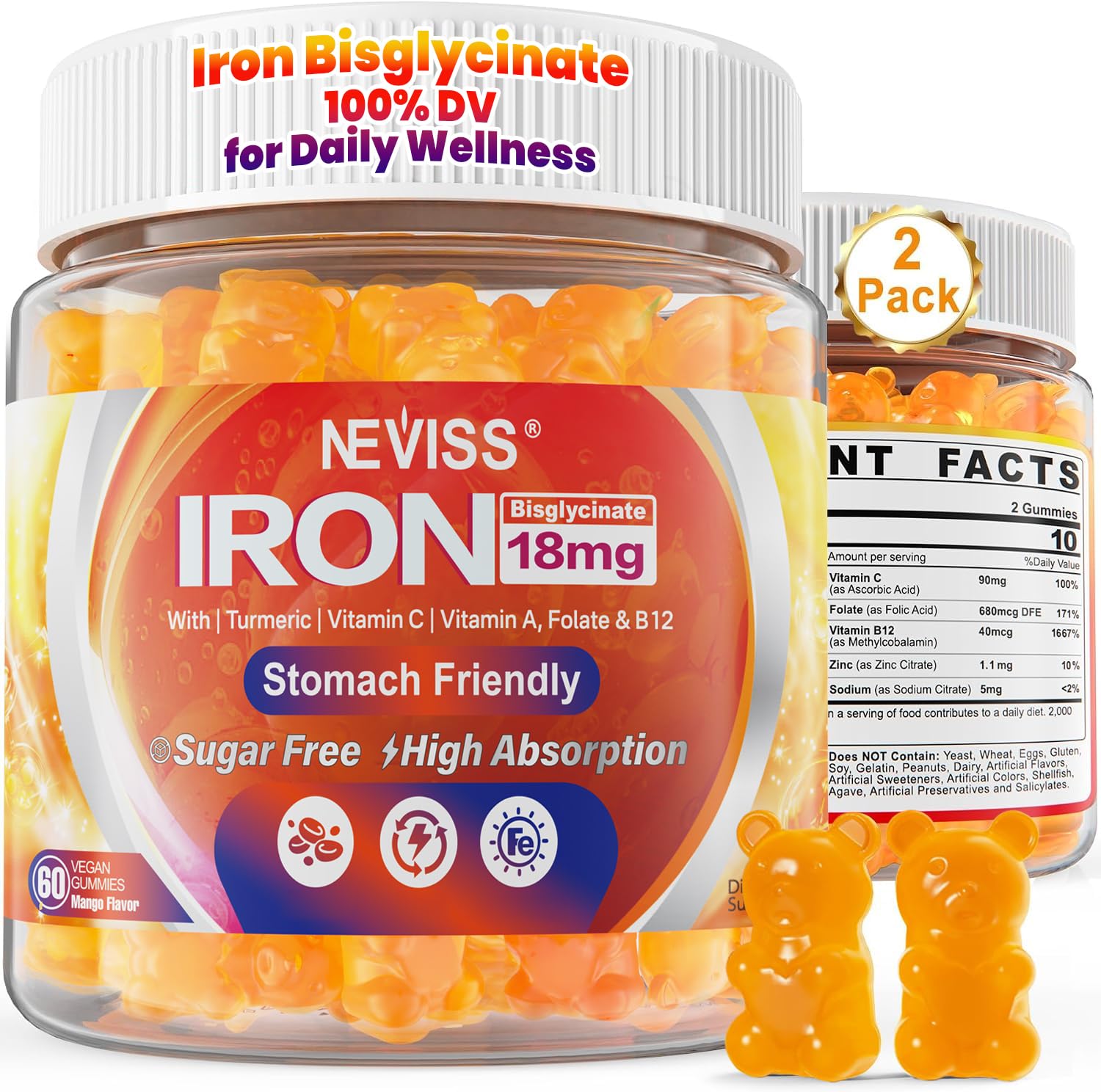 Vegan Iron Gummies for Women & Men, Iron Bisglycinate, 120Cts 60 Count (Pack of 2)