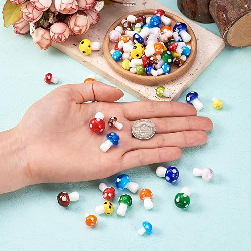 Miniatura 5 de Boutigem 64 cuentas de vidrio de hongo, hechas a mano, cuentas de champiñón, bonito accesorio de adorno de 24 estilos de 0.47 a 0.83 pulgadas para