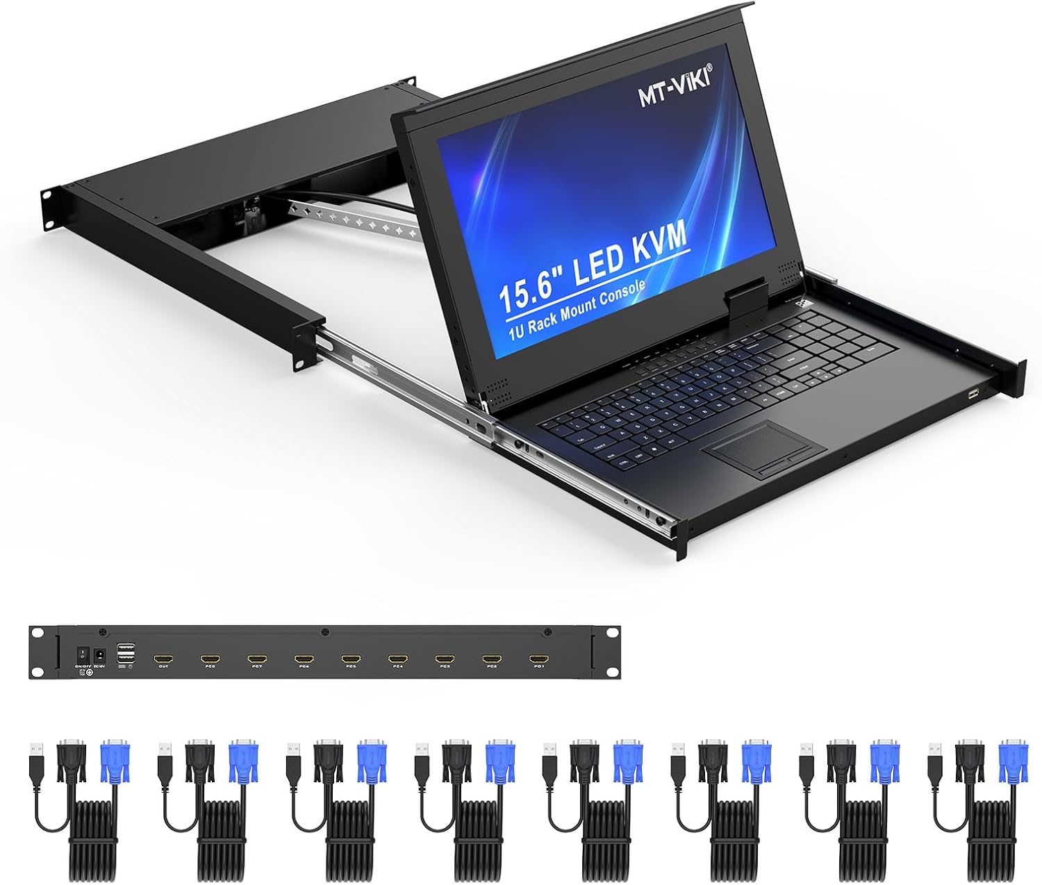 MTVIKI 8 Port KVM Console HDMI, 1U Rack Mount KVM Console