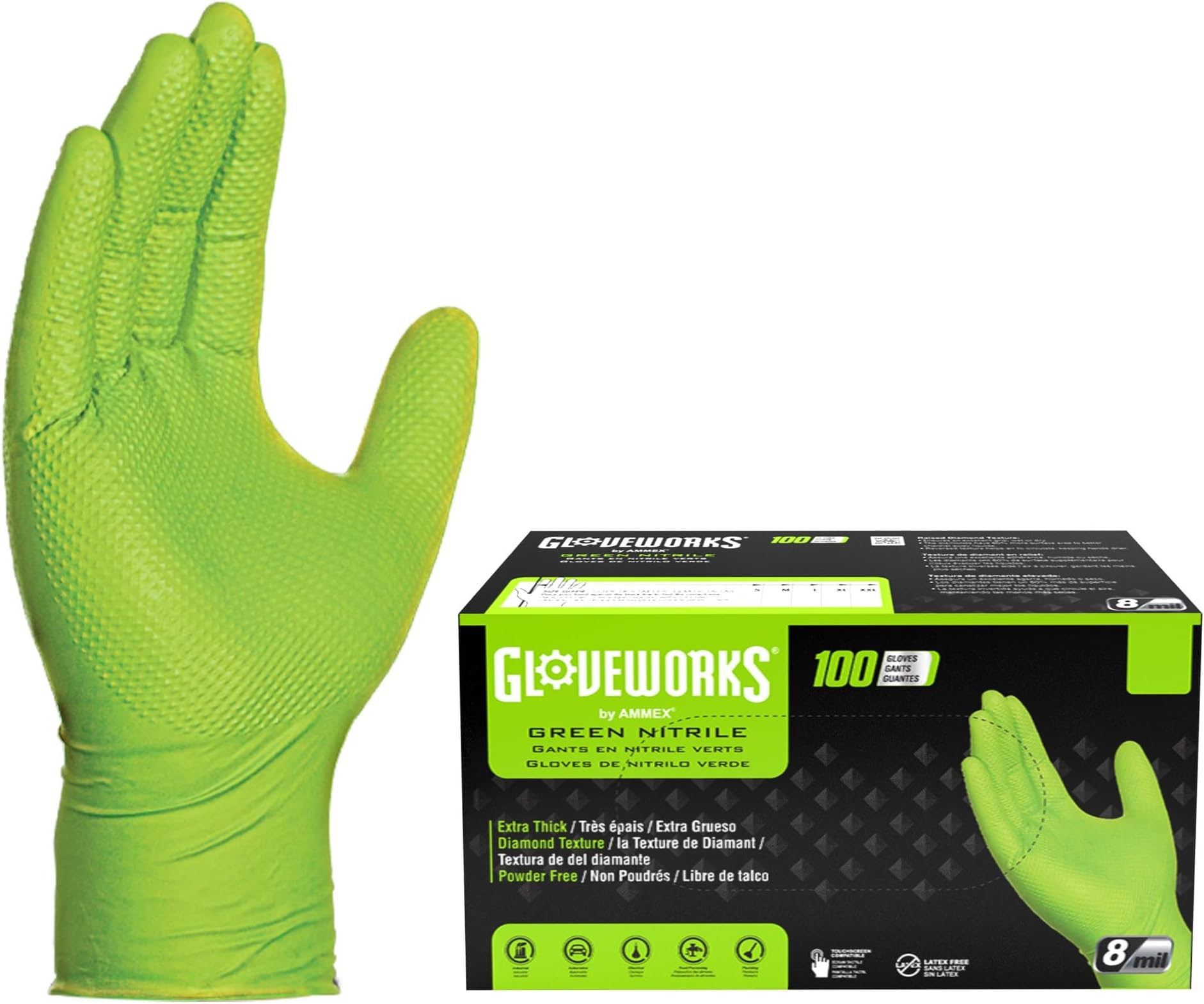 GLOVEWORKS HD Industrial Green Nitrile Gloves with Raised Diamond Texture Grip, Box of 100, 8 Mil, Size Large, Latex Free, Powder Free, Textured, Disposable, Food Safe, GWGN46100BX