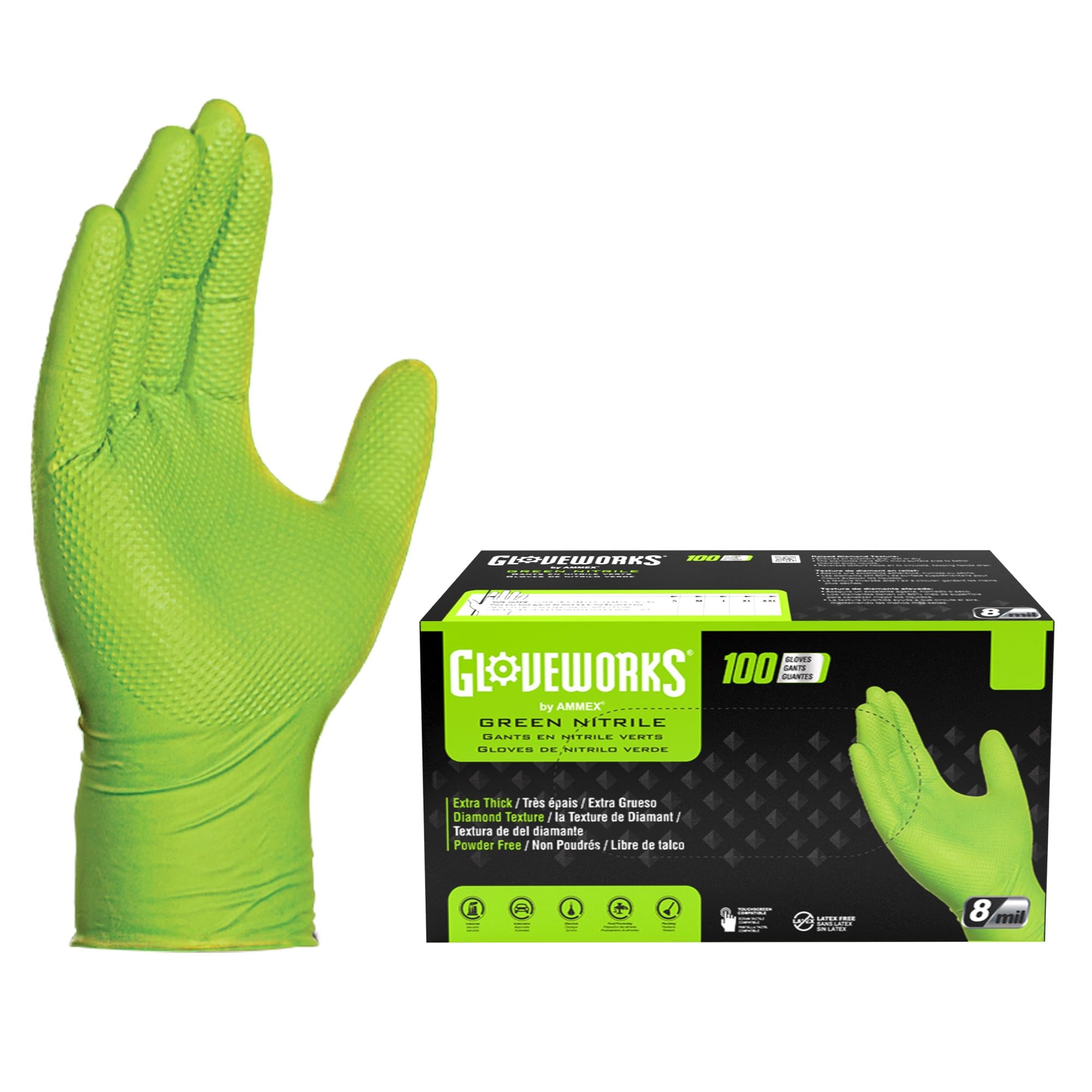 GLOVEWORKS HD Green Nitrile Gloves, 8 mil Nitrile Gloves Medium-XXL Sizes, Nitrile Disposable Gloves with Raised Diamond Grip