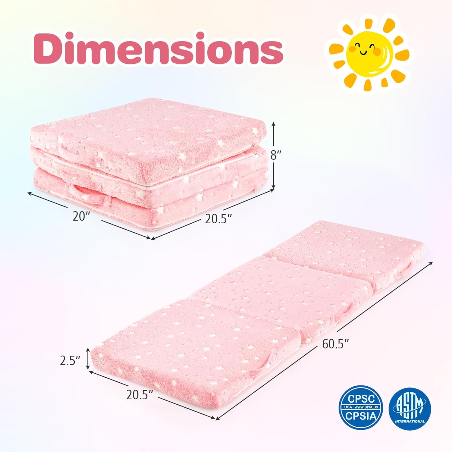 Costzon Foldable Pink Floor Mattress for Kids, Glow in The Dark Toddler Floor Nap Mat w/Flannel Cover, Tri-Folding Children Floor Bed for Sleeping Daycare Playroom, School, Kindergarten or Nursery