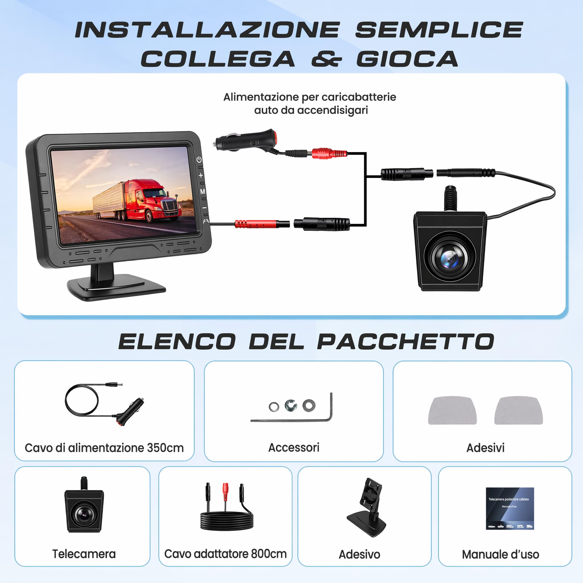 Hikity kit Telecamera Compatto con Monitor 4,3'' Telecamera Girevole a 360° | 12-24V Telecamera Posteriore per Camion Furgone Cablata Stabile Visione Notturna 1080P Linee Di Parcheggio Impermeabile IP68
