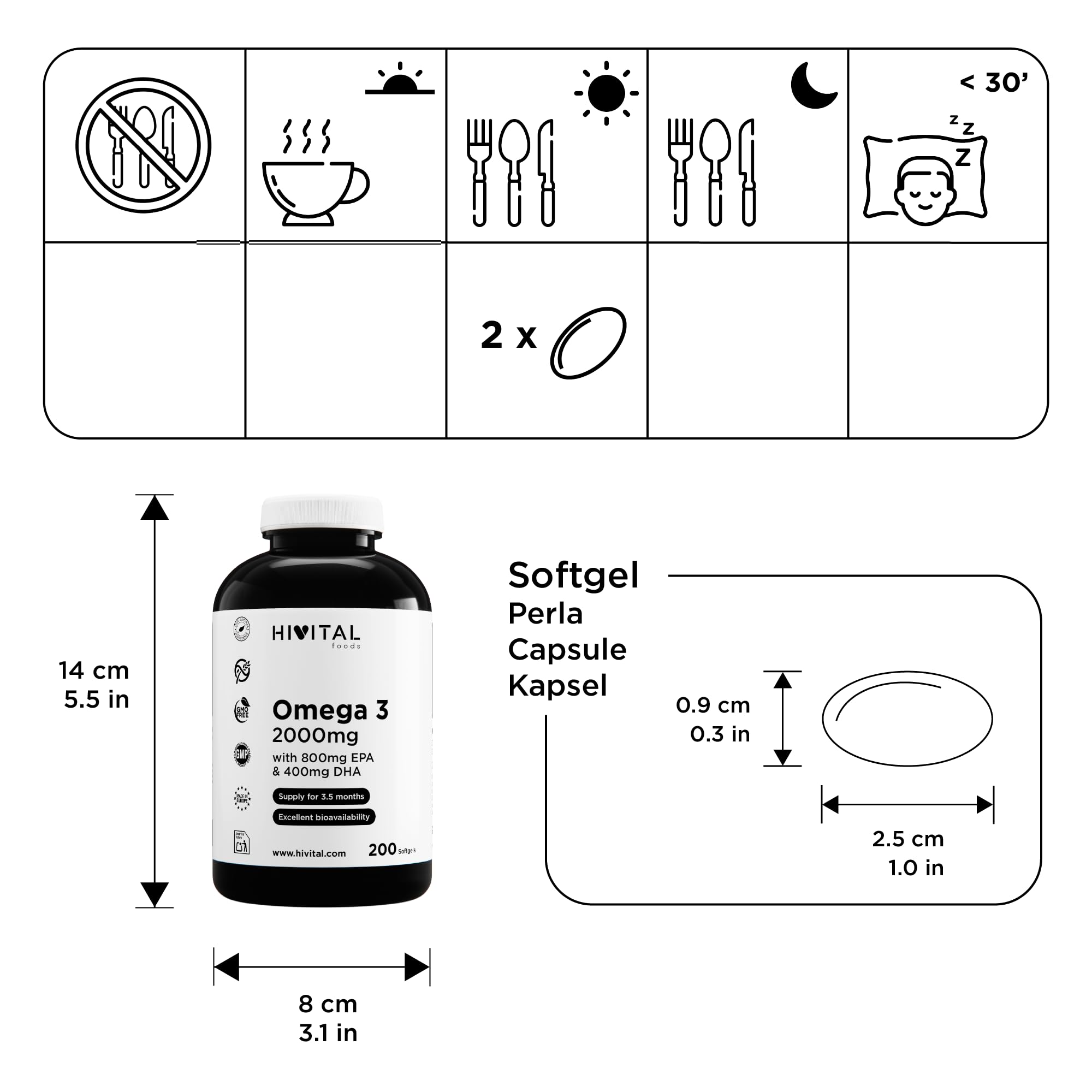 Oméga 3 2000 mg. 200 capsules pour 3 mois de traitement. Avec 800 mg d'EPA, 400 mg de DHA et la vitamine E. Le seul avec de l'huile de poisson espagnole. Fabriqué en Europe par HIVITAL