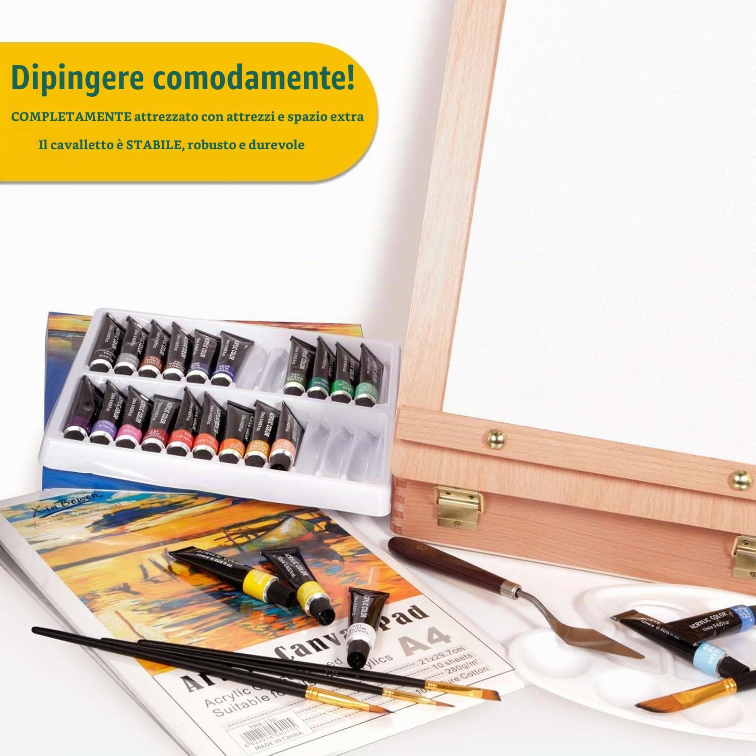 Cavalletto Pittura,Cavalletto da Tavolo,Set di pittura acrilica da 44 pezzi,24 colori acrilici,12 pennelli,Spatola, Grembiuli,Tavolozza Colori e Tela A4,per Professionisti e Hobbisti
