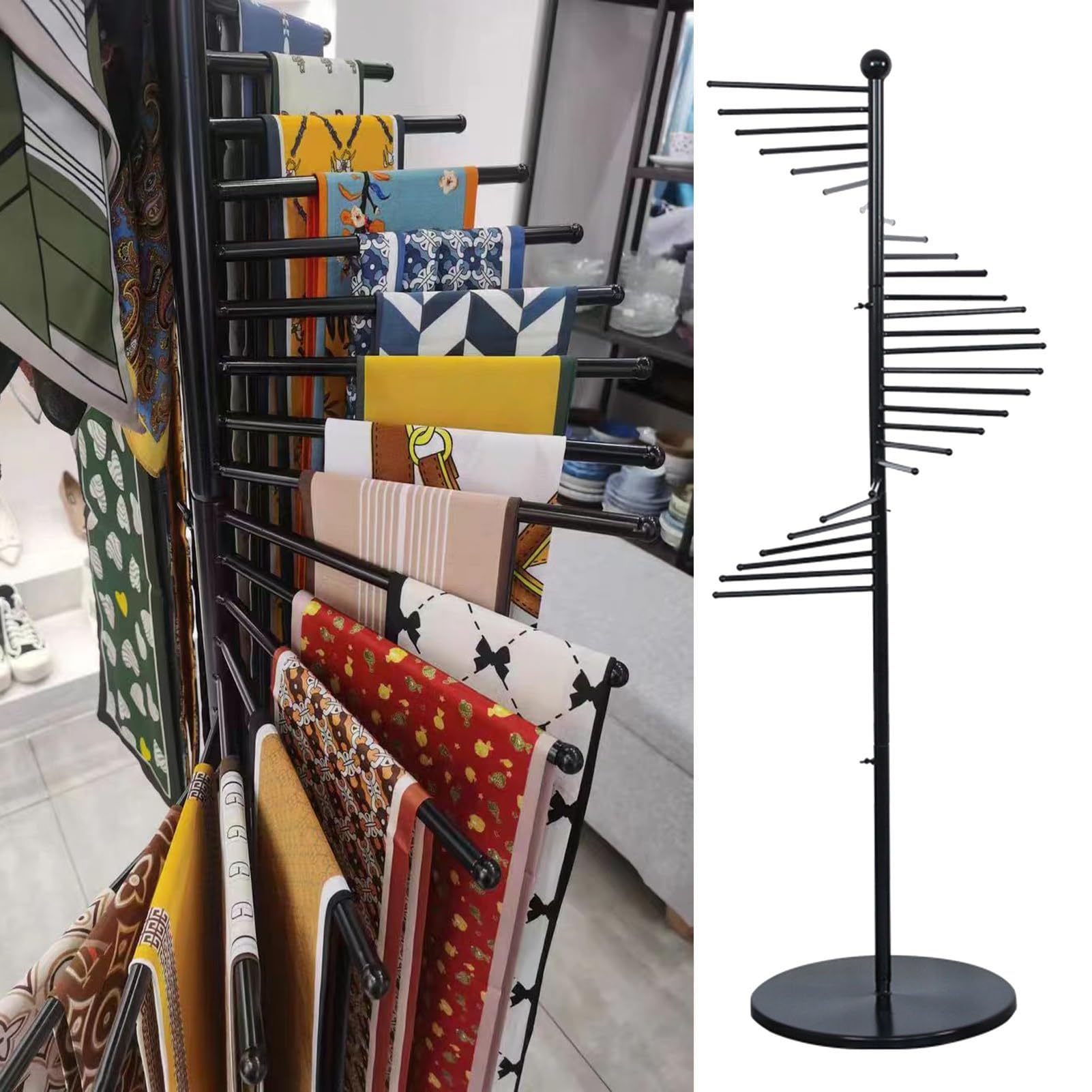 CGCSYZ Tall Scarf Hanger Organizer Holder, Floor Stand Metal Scarf Display Holder, Commercial Space Saving Belt Clothes Rack with Base, Round Stands (Black 42cmx170cm(17)