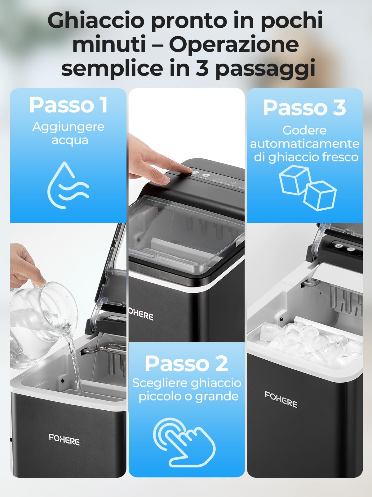 FOHERE Macchina Ghiaccio con Maniglia Portatile, 14kg/24h, 9 Cubetti Bullet in 5 Minuti, 2 Dimensioni, Autopulente, con Paletta & Cestello – Ideale per Casa Cucina Ufficio Camper Camping