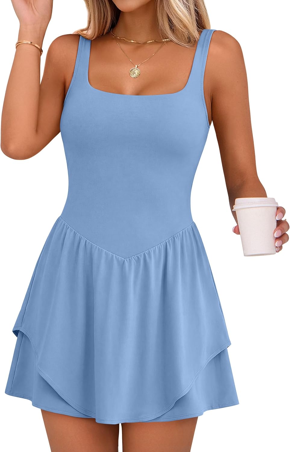 Caracilia Women Tennis Dress Square Neck 2 Layers Hem Built in Shorts and Bra Workout Athletic Golf Dresses with Pocket