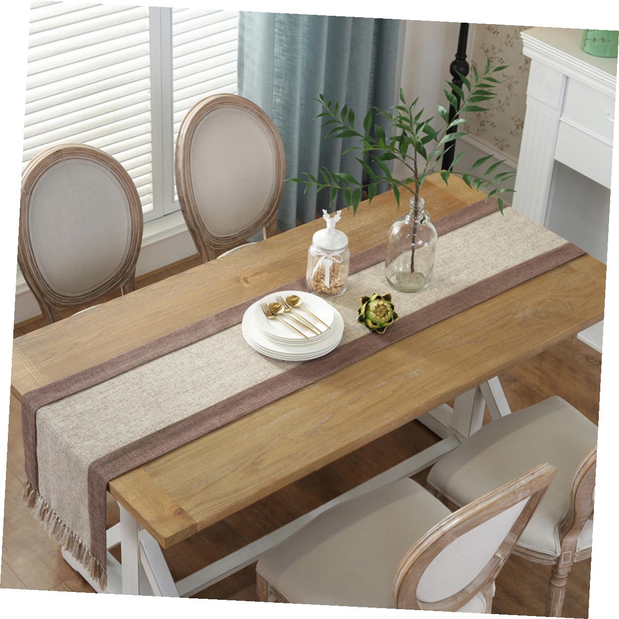Generico Runner da Tavola Lavabile in Cotone Beige 38x240 Cm Doppio Strato e Frange Crea Un'atmosfera Calda e Romantica la Casa e Feste