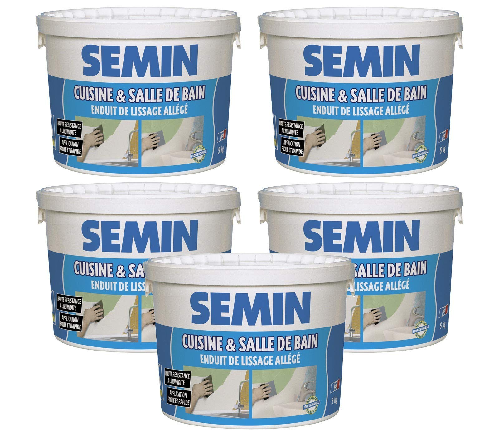 SEMIN Enduit de Finition Pièces Humides- 5 X 5 kg – Enduit Allégé Hydro Prêt à l'Emploi – Haute Résistance à l'Humidité – Murs & Plafonds Salle de Bain Cuisine – Avant Peinture & Revêtement Mural