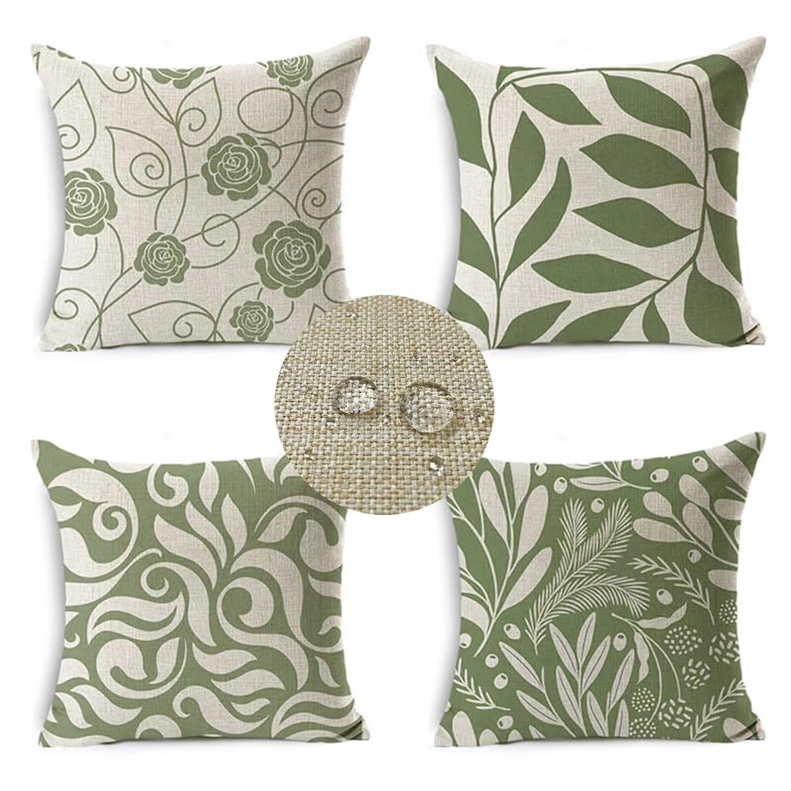 Outdoor Cushions Waterproof Pack of 4 12x12in Leaf Decorative Square Cushion Covers Waterproof linen Summer Garden Cushions Sage Green Luxury Pillowcases,Living Sofa Bedroom Home Decor 30x30cm HW-8075