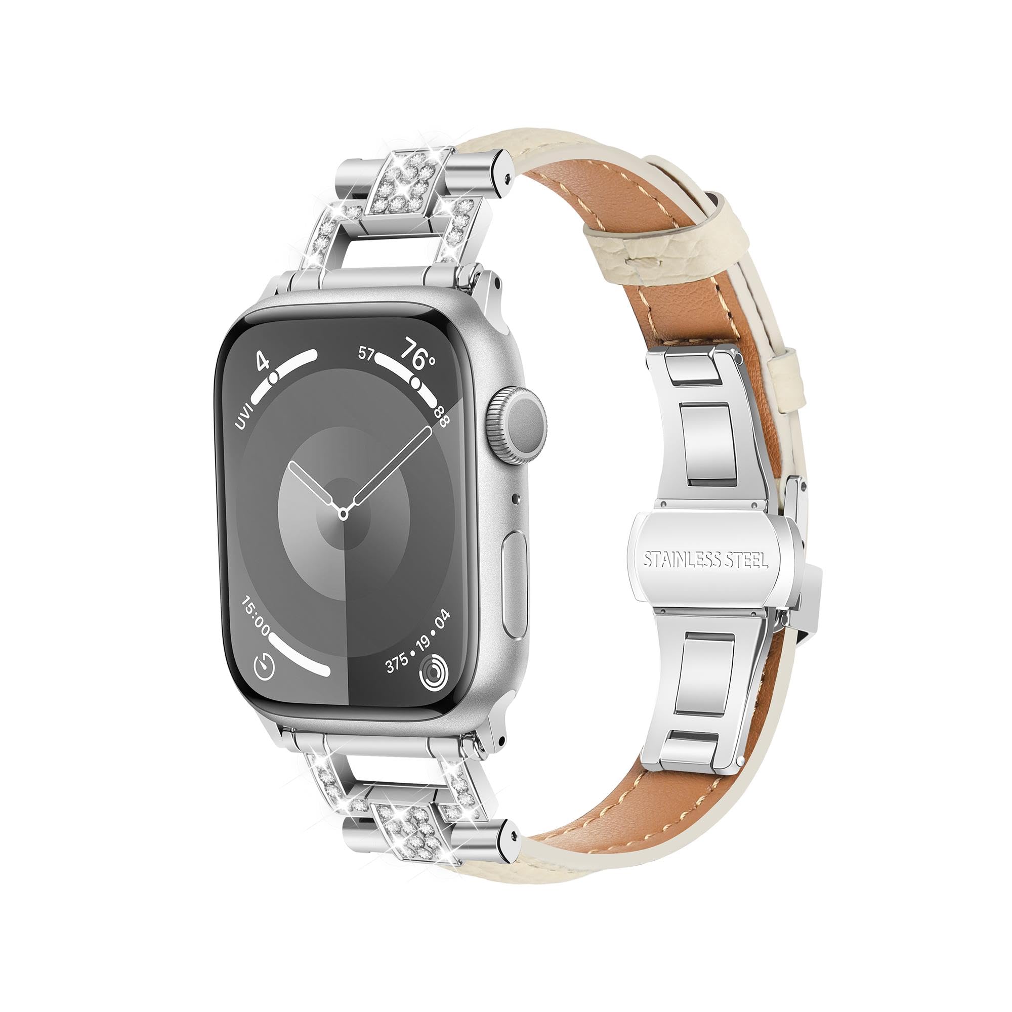 Bracelet en cuir de luxe compatible avec Apple Watch pour femme 44 mm, 45 mm, bracelet fin classique avec boucle papillon en métal pour iWatch Series 9 8 SE 7 6 5 4 3 2 1 blanc cassé