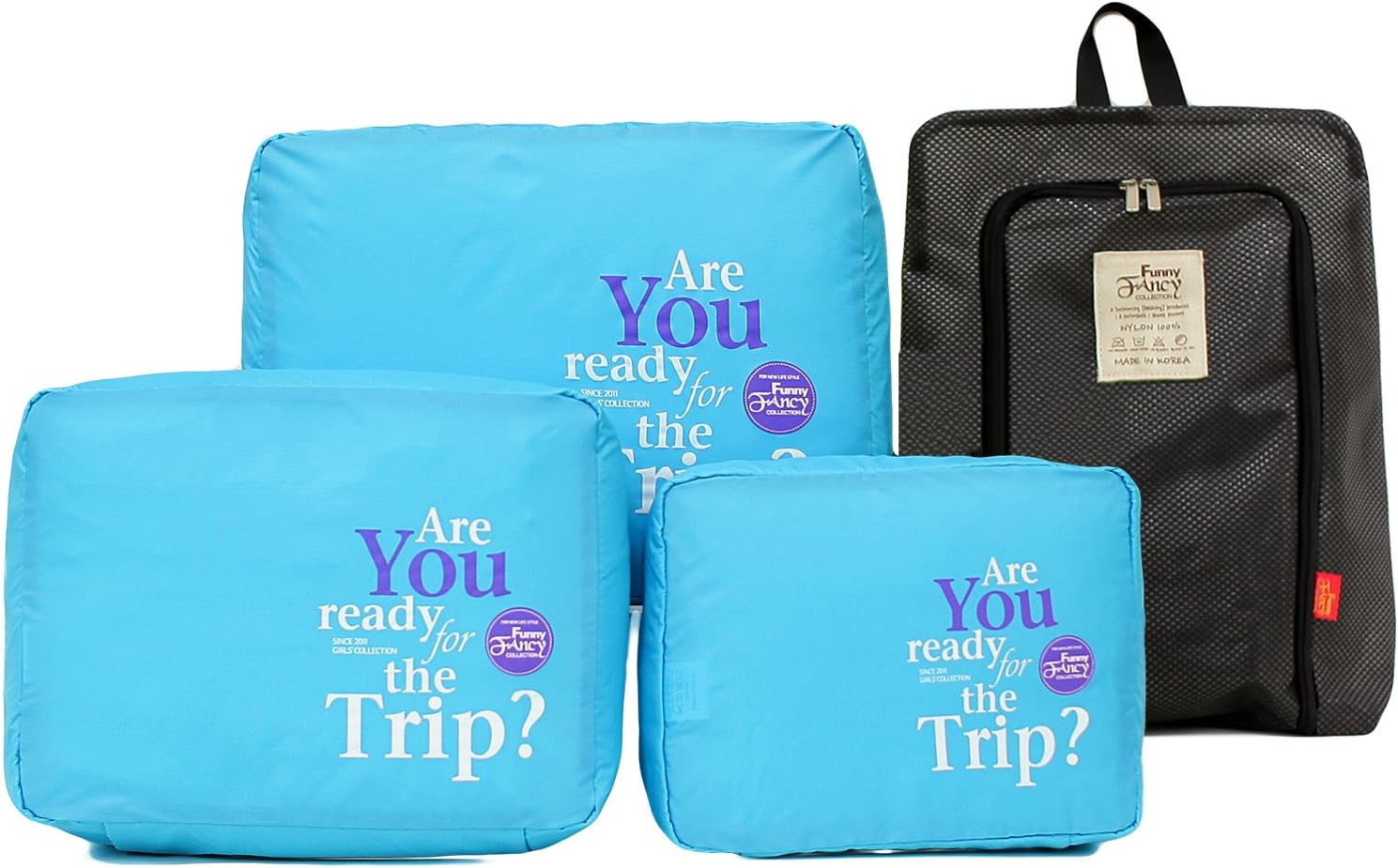 Travel Cubes for Packing Luggage Organizer 3pc and Shoe Laundry Bag Malibu Blue