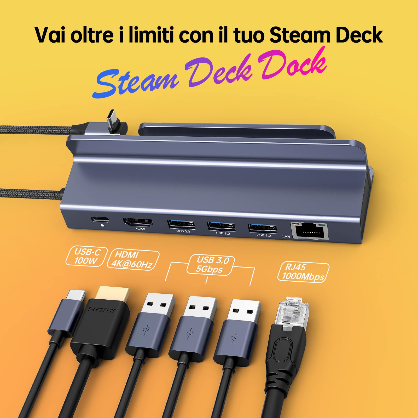 NOVOO 6-in-1 Docking Station per Steam Deck, con HDMI 2.0 4K@60Hz, Ethernet 1Gbps, 3 Porte USB A 3.0, Ricarica USB C PD 100W, Compatibile con Valve Steam Deck