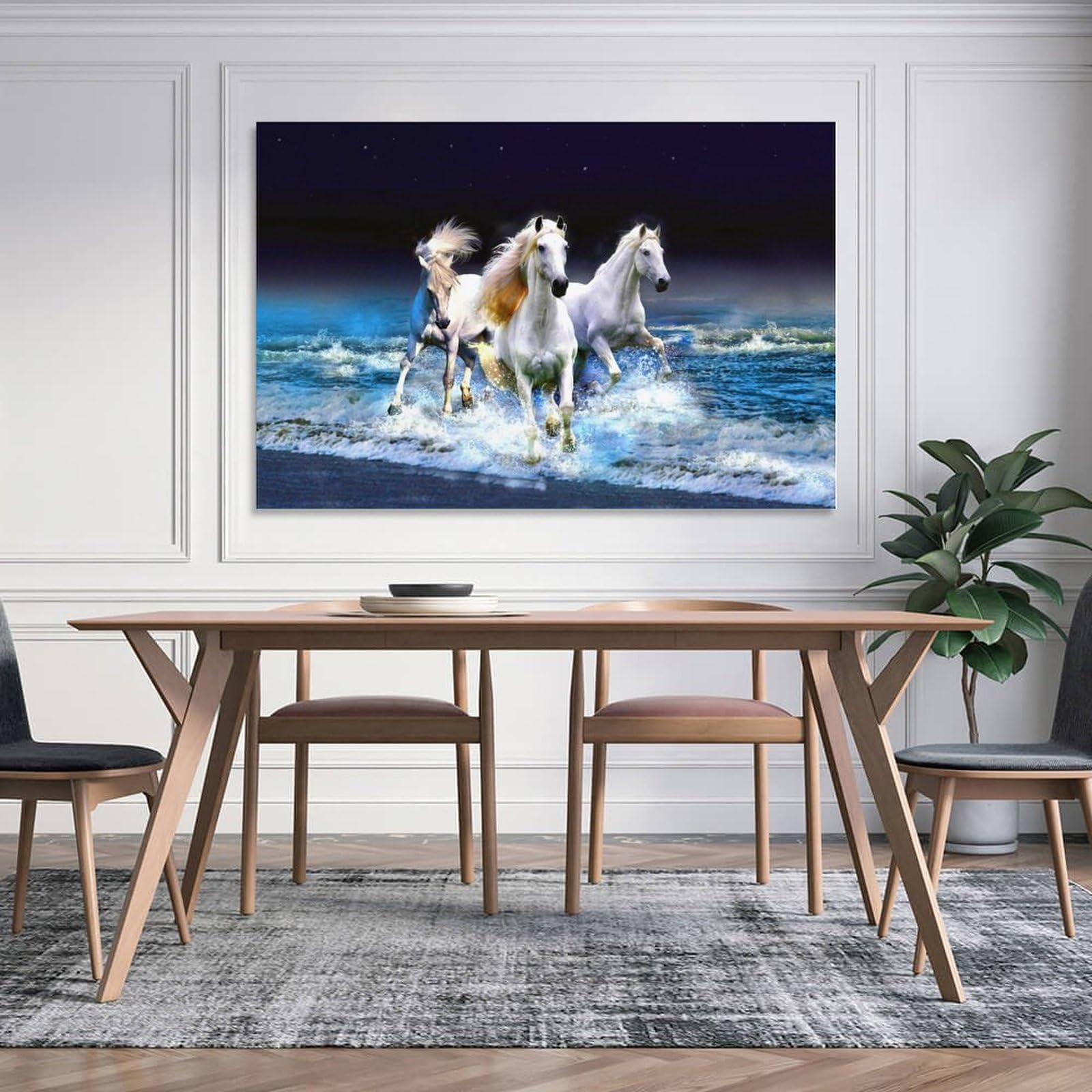 Amazon.co.jp: 絵画 夜の浜辺を走る3頭の白い馬インテリア 絵画 超