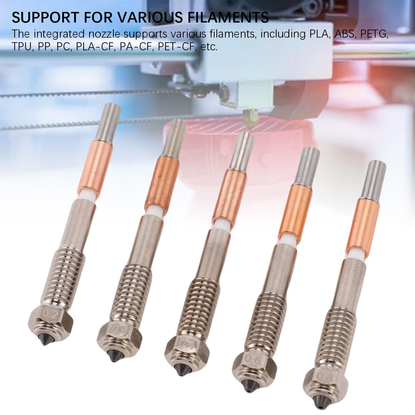 5 boquillas extrusoras bimetálicas para impresora 3D, desmontaje rápido boquillas resistentes al calor para impresora 3D QIDI Plus4, acero templado, aleación de cobre, cerámica de 0,2 mm, 0,4 mm, 0,6