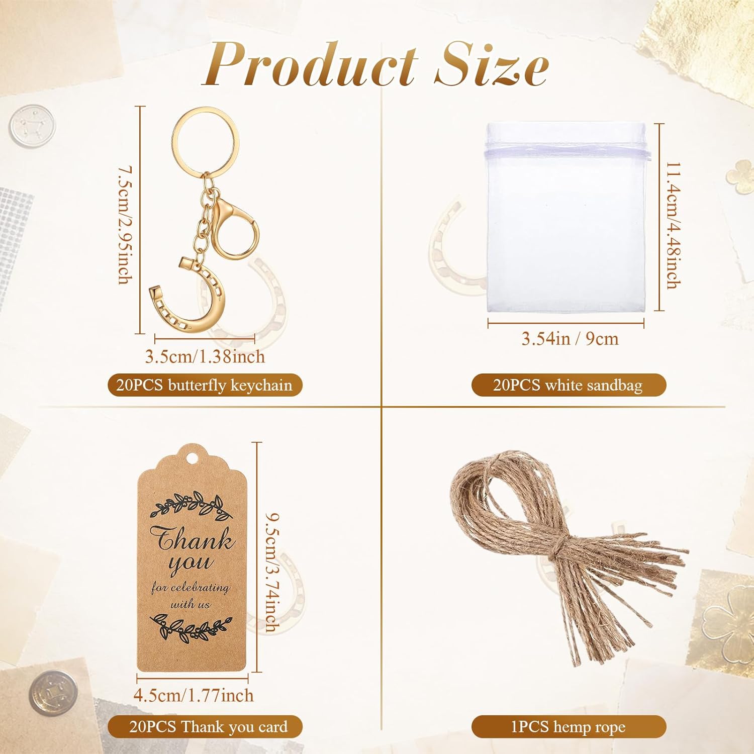 Ecation 20 Set Western Horseshoe Keychain Party Favor Bulk Cowboy Horse Shoe Keyring Purse Bag Charm with Organza Bags & Thank You Tags for Guest Horse Racing Bridal Wedding Gift(Small,Golden)