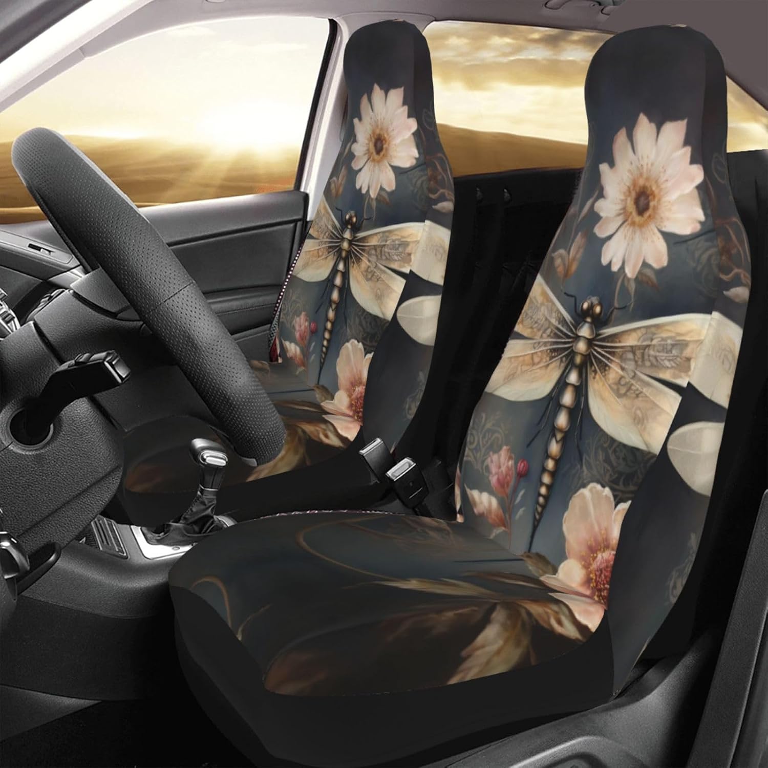 Universal Dragonfly on Peony Printed car seat Covers are Suitable for Most Seats in Trucks, Vans, and Other Similar Vehicles.