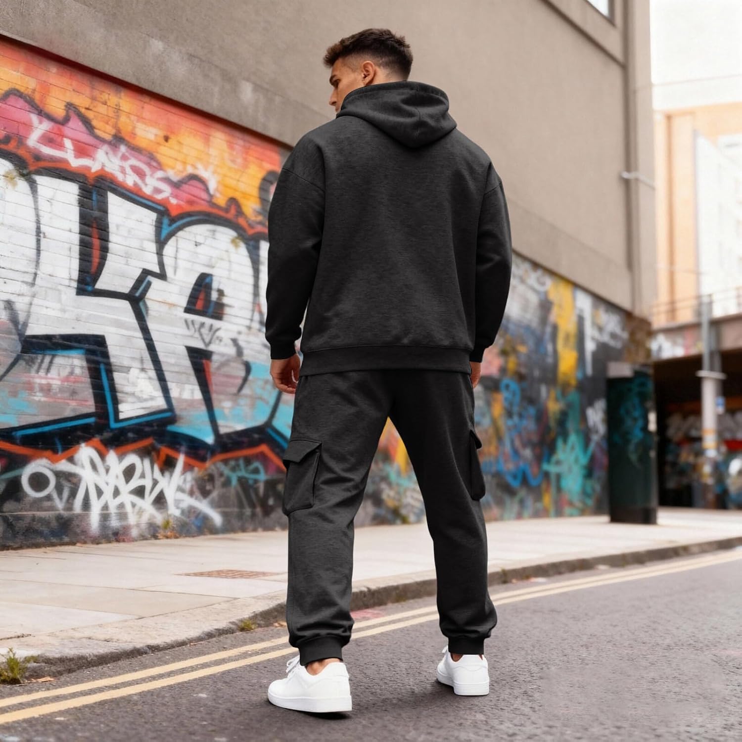 Men Tracksuits 2 Piece Sweatsuits Set Fleece Hoodie and Mens Cargo Sweatpants with Pocket Lounge Jogging Sweat Suit
