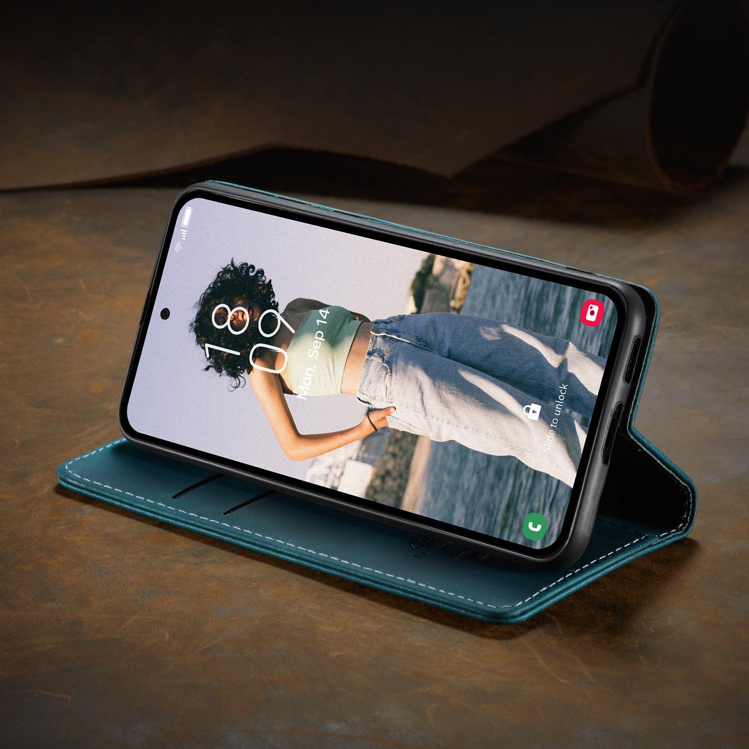 Samokor Cover per Samsung Galaxy A23 5G/4G Pelle Flip Custodia Cavalletto Portafoglio Magnetica Carta Fessura Antiurto per Samsung Galaxy A23,Blu verde