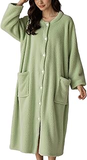 Bata larga para mujer, albornoces de felpa de forro polar de Coral suave y cálido para mujer con bolsillo y botones, pijamas gruesos de invierno para, verde