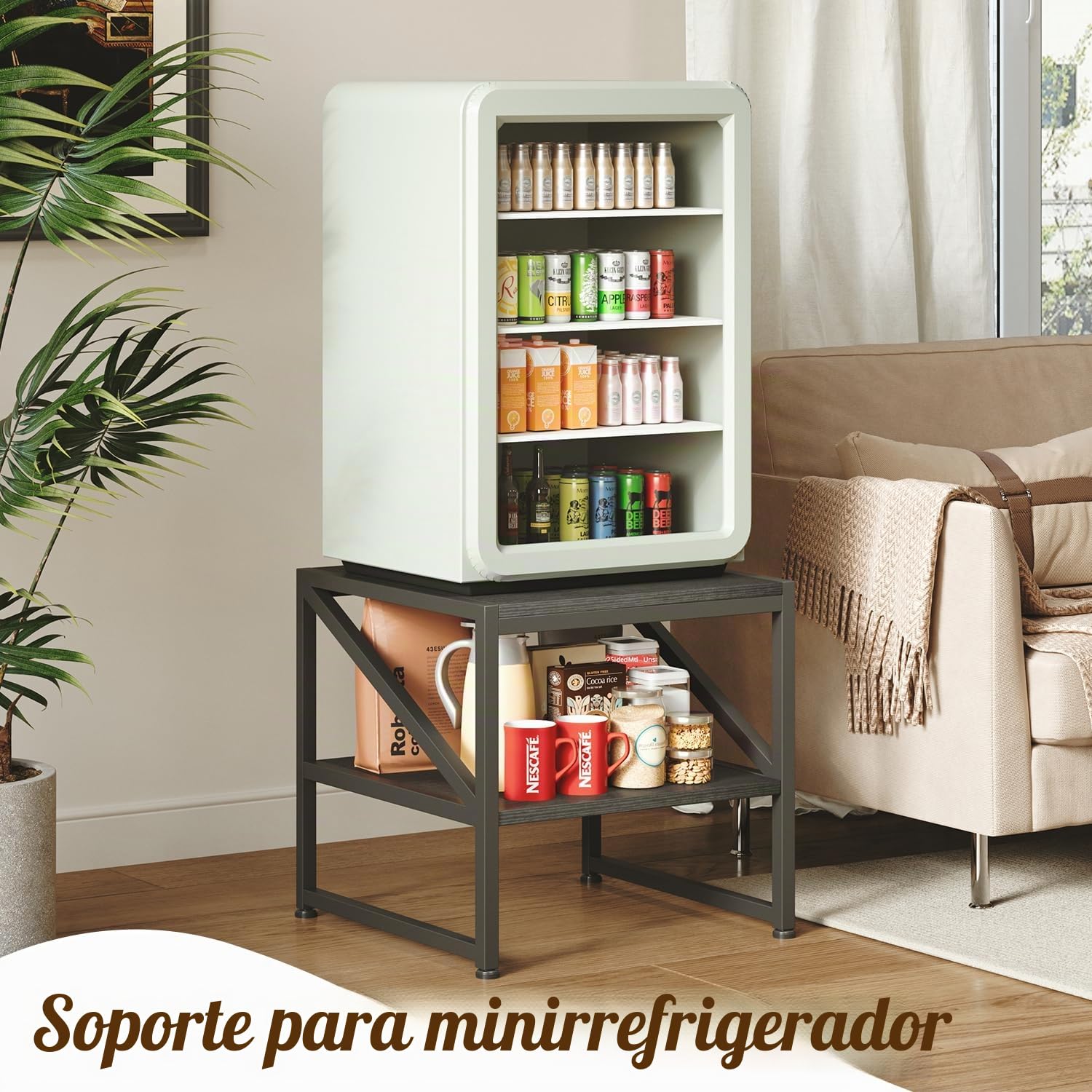 CAIYUN Mesa Auxiliar Salón 50x50x51,5 cm, Mesa de Centro de 2 Niveles Carga Máxima 90 kg, Estilo Industrial con Estructura de Metal, Soporte para Mini Nevera Acuario Impresora, Negro