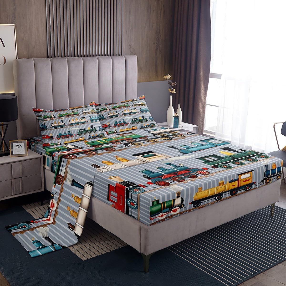 Erosebridal Kids Train Sheet Set Full Size for Boys Girls Colorful Steam Engine Train Bedding Sets Cartoon Train Transportation Bed Sheets Set with 2 Pillow Cases,Gray, Green, Blue, Yellow, White