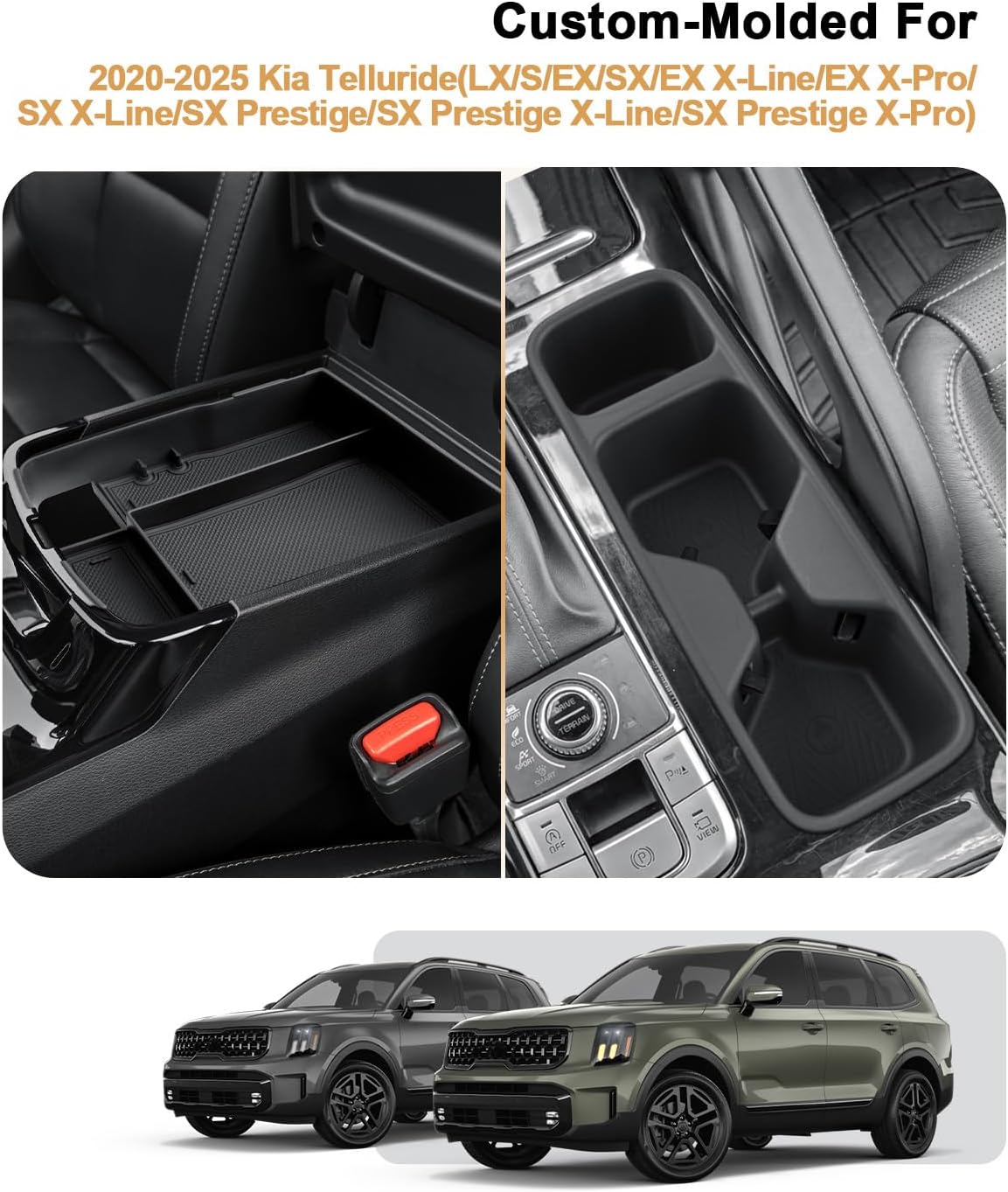 2025 Telluride Center Console Organizer - 2 Pcs Armrest Box Organizer Tray + TPE Center Console Cup Holder Insert for 2020-2025 Kia Telluride Accessories - ABS Organizer & TPE Cup Holder Set