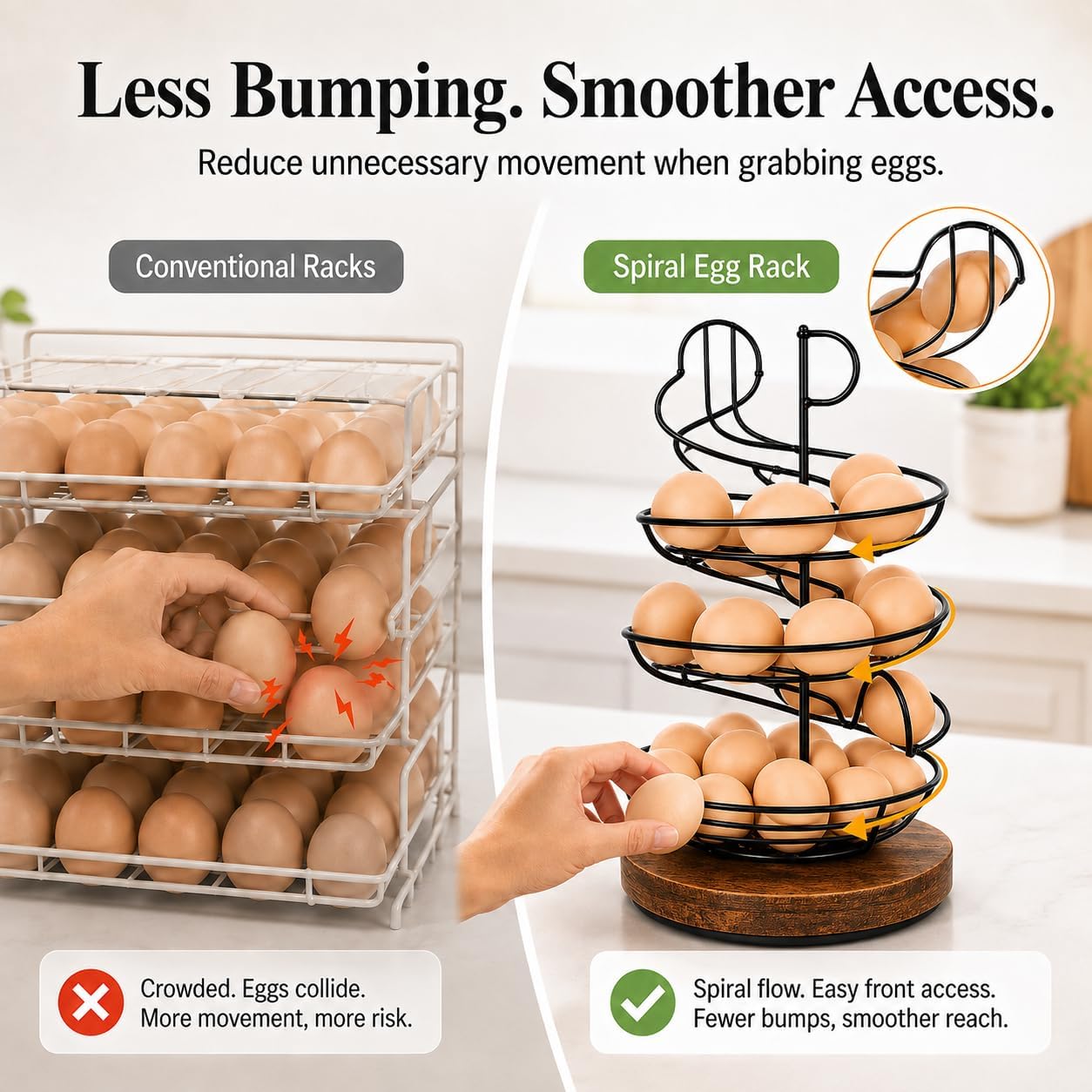 Rotating Metal Fresh Egg Holder Countertop with 360°Wooden Turntable Base
