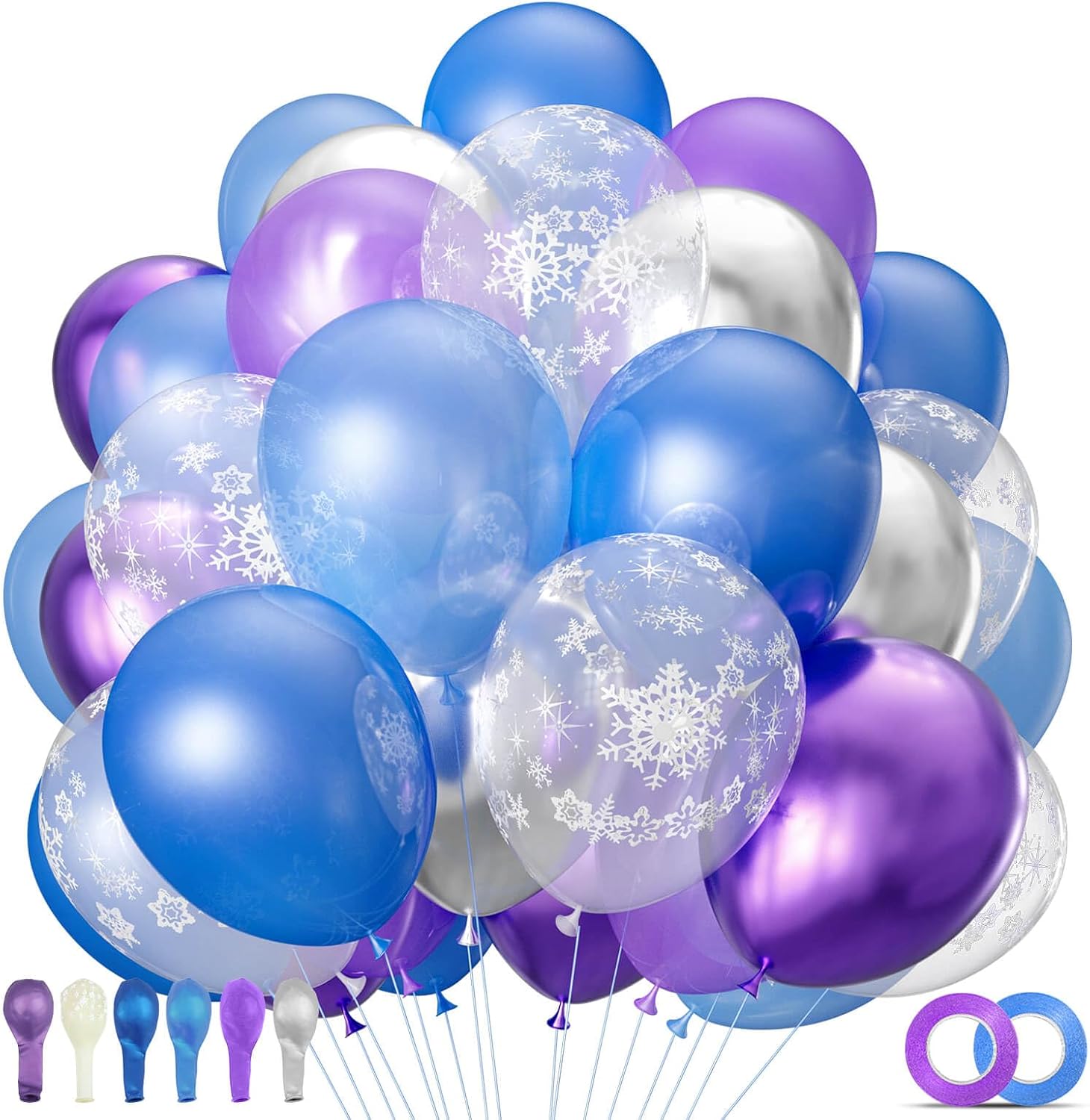 68Pcs Purple and Blue Party Balloons Kit 12 Inch Pearl Light Blue Metallic Purple Silver Snowflake Balloons with Ribbons for Winter Theme Birthday Wedding Girls Party Decorations.