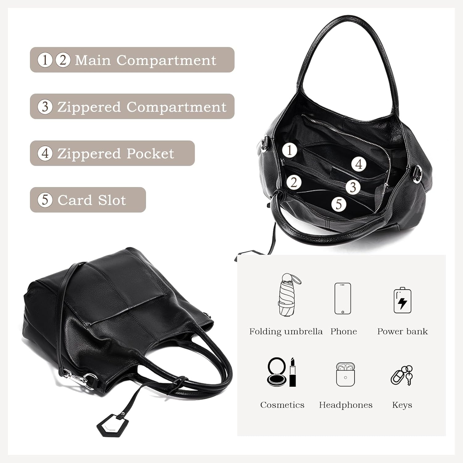 Leather Tote Bag for Women, Genuine Leather Handbags and Purses for Work with Adjustable Strap, Large Capacity - Image 6