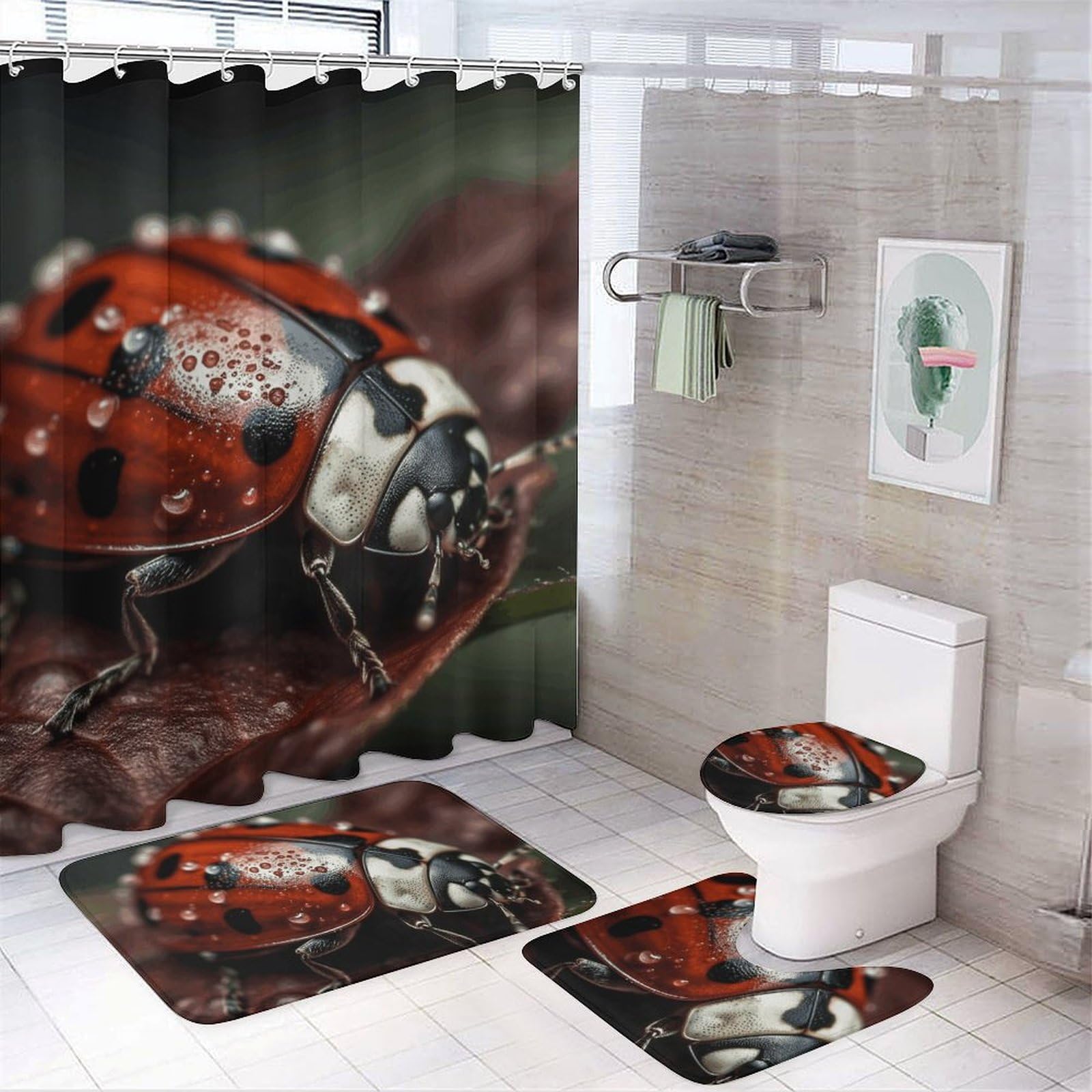 Tapis de bain antidérapant et rideau imperméable motif coccinelle - Set 4 pièces ultra absorbant