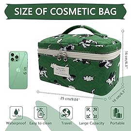 Large Makeup Bag, Cute Cosmetic Bag for Women Girls, Floral Coquette Aesthetic Toiletry Bag, Travel Make Up Organizer Bag (Green Dog Print