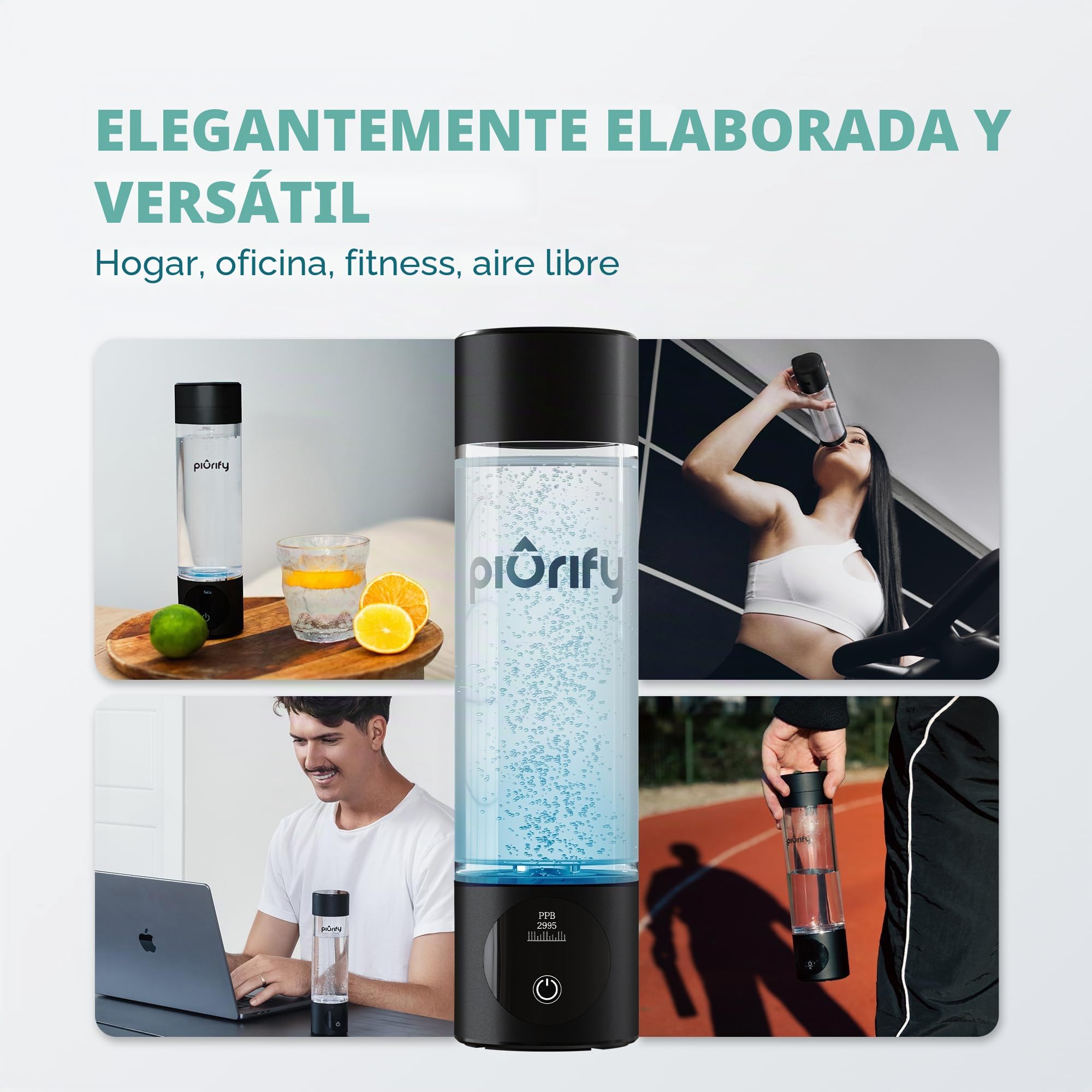 PIURIFY Botella de agua de hidrógeno negro, vaso corporal alimenticio; tecnología Spe/Pem, 3000 ppb de hidrógeno puro.