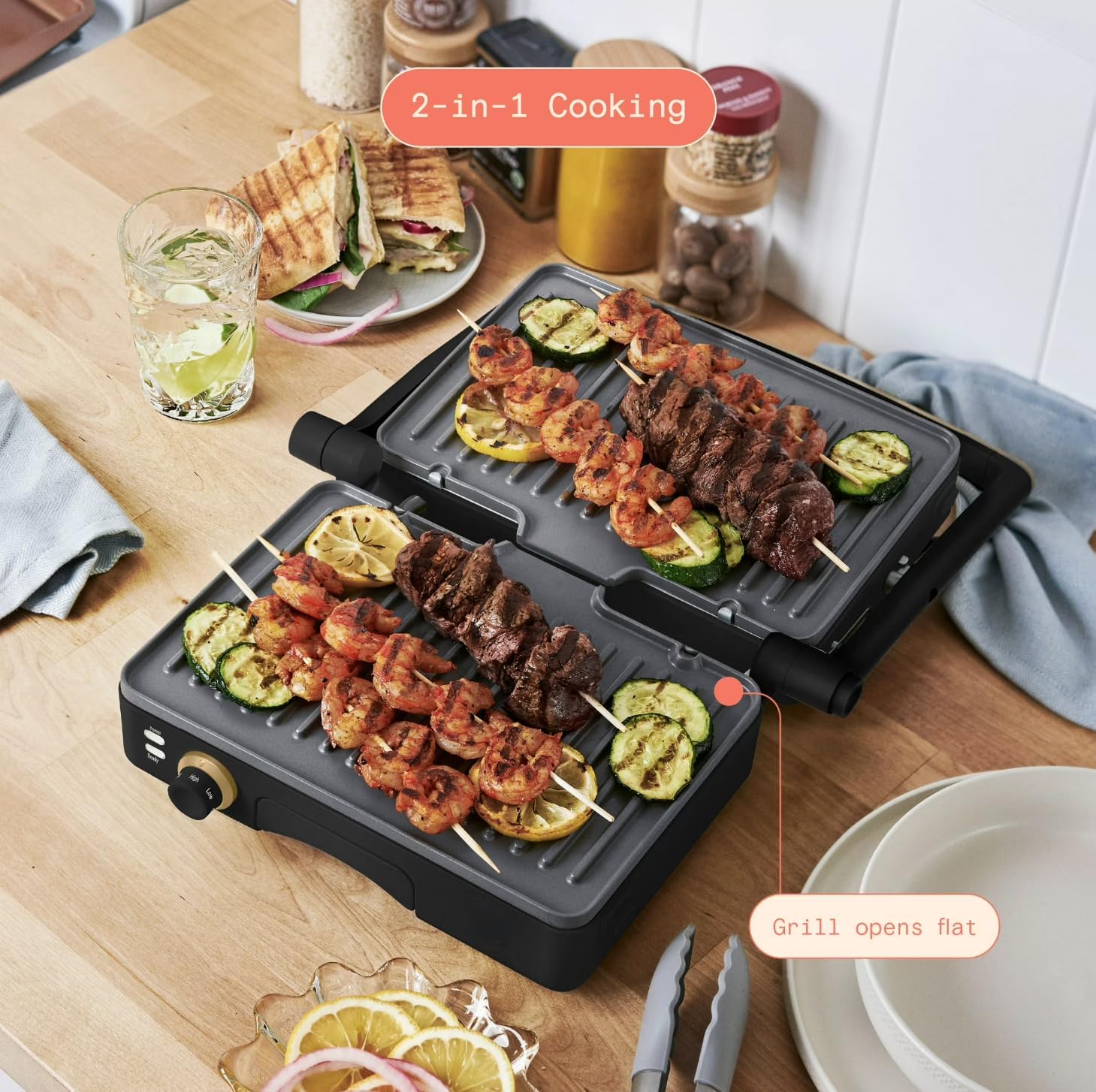 2-in-1 Panini Press Grill with Detachable Nonstick Plates, Indoor Sandwich Maker and Contact Grill, Adjustable Temperature, Opens Flat for Cooking, Easy-Clean Countertop Grill