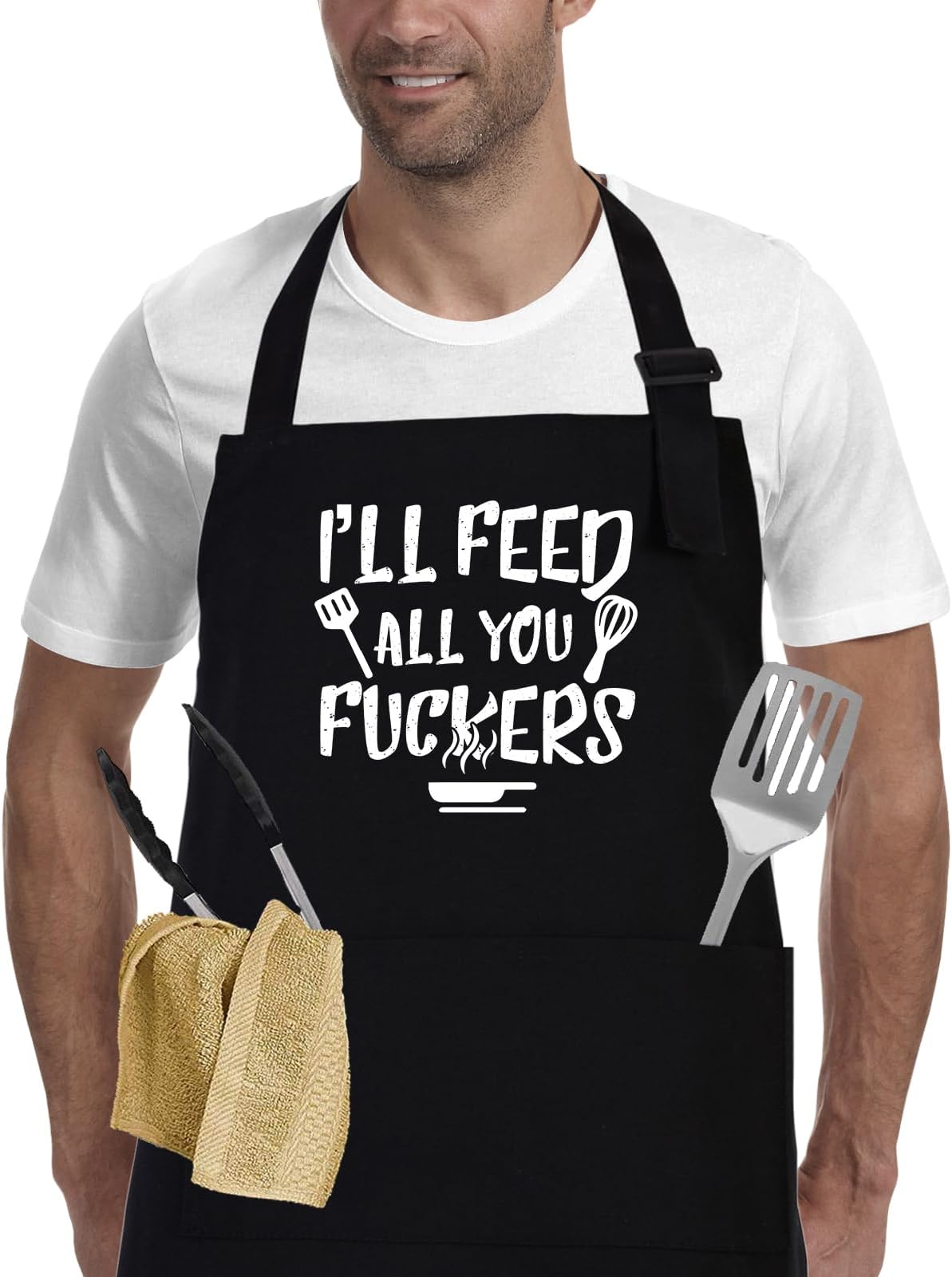 APRONPANDA I'll Feed All You - Funny Black BBQ Chef Aprons for Men Women with 2 Pockets - Gifts for Men, Birthday Gifts for Husband, Son, Boyfriend- Kitchen Cooking Grilling Apron