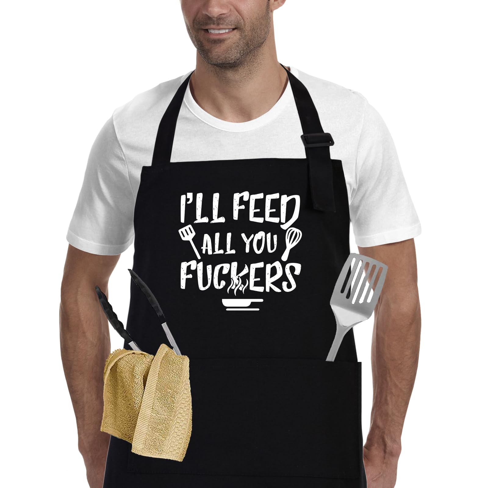 Apronpanda Unisex Black I'll Feed All You - Funny Bbq Chef Aprons For Men Women With 2 Pockets - Gifts For Men, Birthday Gifts For Husband, Son, Boyfriend- Kitchen Cooking Grilling Apron