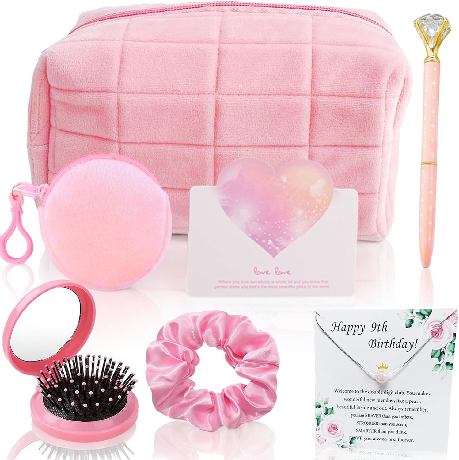 7Pcs Girl Birthday Gift Set Cool Birthday Gift Ideas for Girls Including Makeup Bag Necklace Hair Tie Mirror Coin Purse Pen Card Girls Birthday Gifts Age 8-10