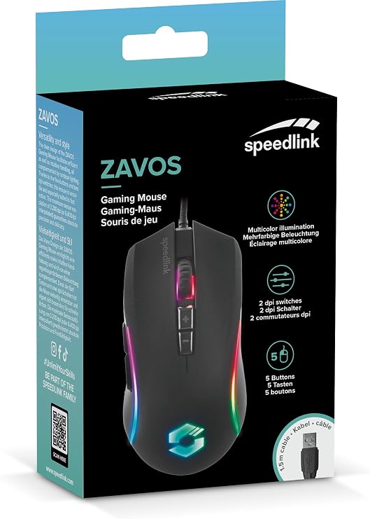 Speedlink ZAVOS Gaming Mouse Multicoloured Lighting, 5 Buttons and 2 dpi switches, Black