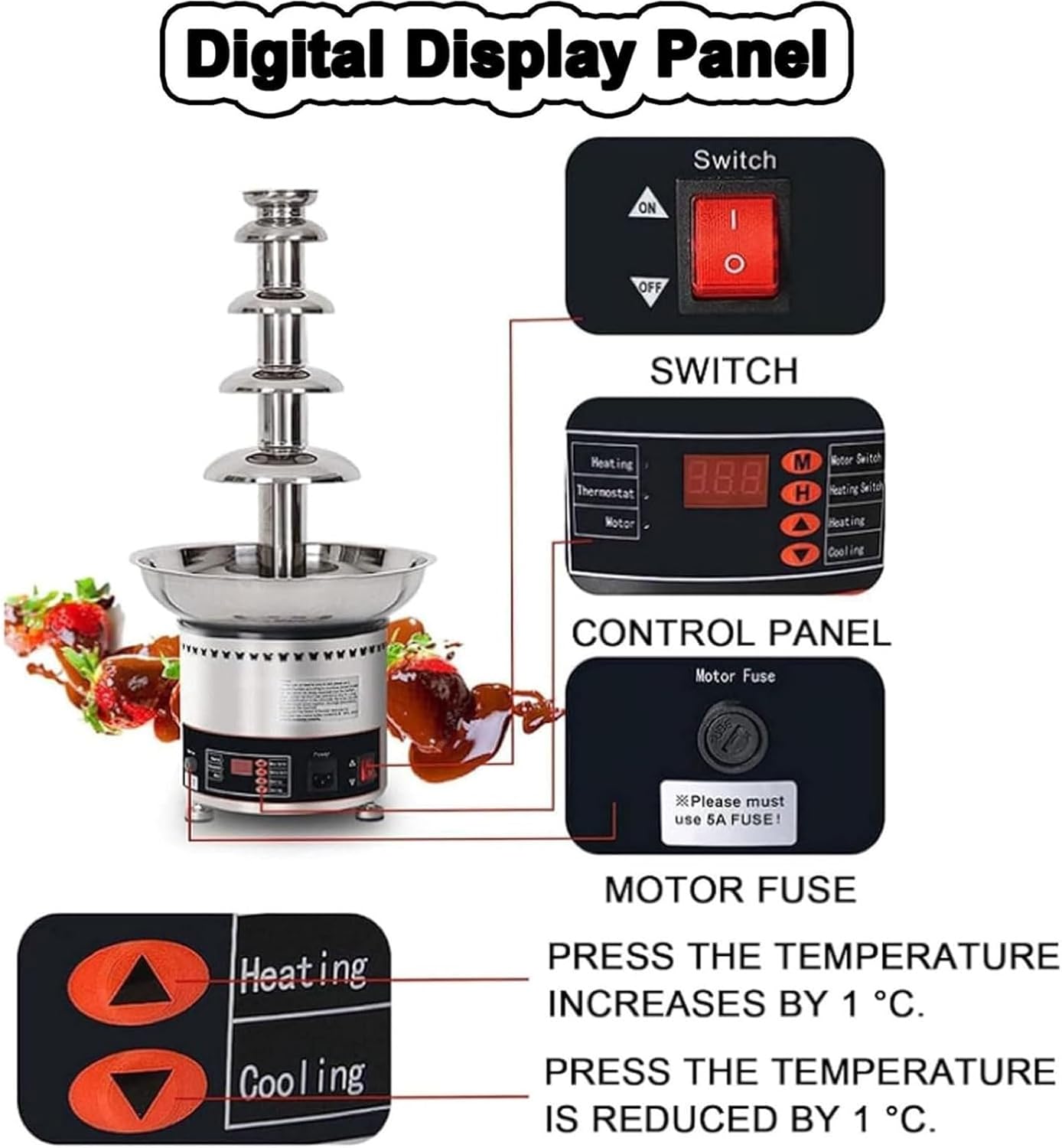 300W Chocolate Fountain Machine, 6 Tier/7 Tier Stainless Steel Electric Fondue Chocolate Fountain Machine, 30-150℃ Temperature Control, for Party, Banquet, Birthday