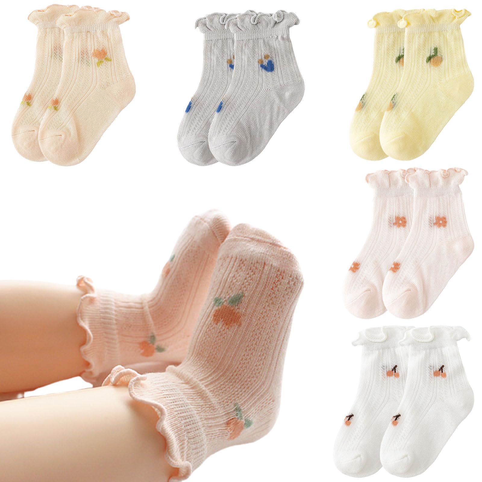 Symphonyw Baby Mädchen Socken, 5 Paar Kinder Söckchen mit Rüschen, Süße Atmungsaktives Socken für Neugeborene Kleinkind Mädchen Kinder