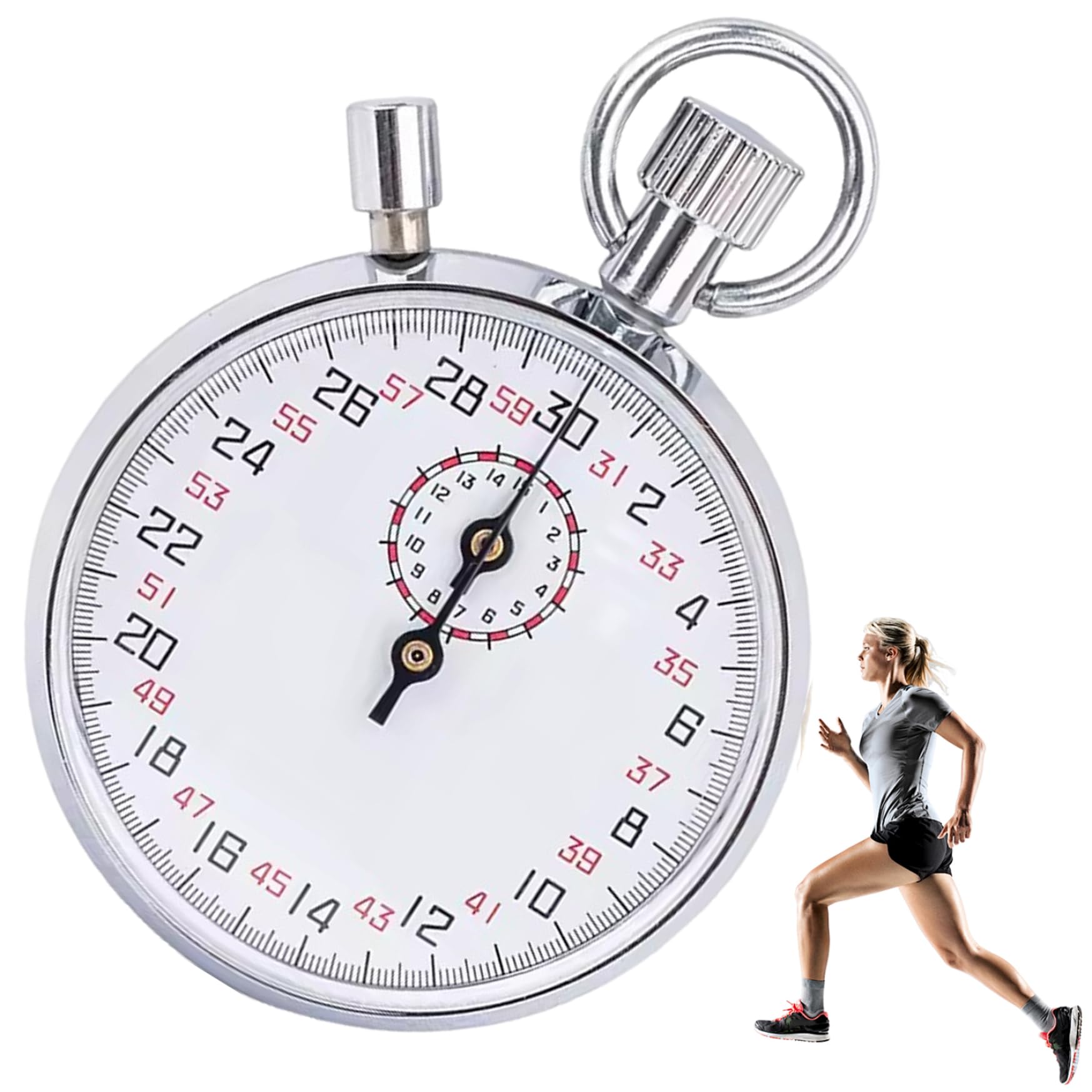 Cronómetro mecánico Cronómetro analógico de Acero Inoxidable de 30 Segundos con Pausa Temporizador portátil para Correr, Entrenar y experimentar.