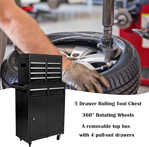 Miniatura 5 de Cofre de herramientas con ruedas de 5 cajones, armario de almacenamiento de herramientas y carrito de caja con ruedas, gran combo extraíble,