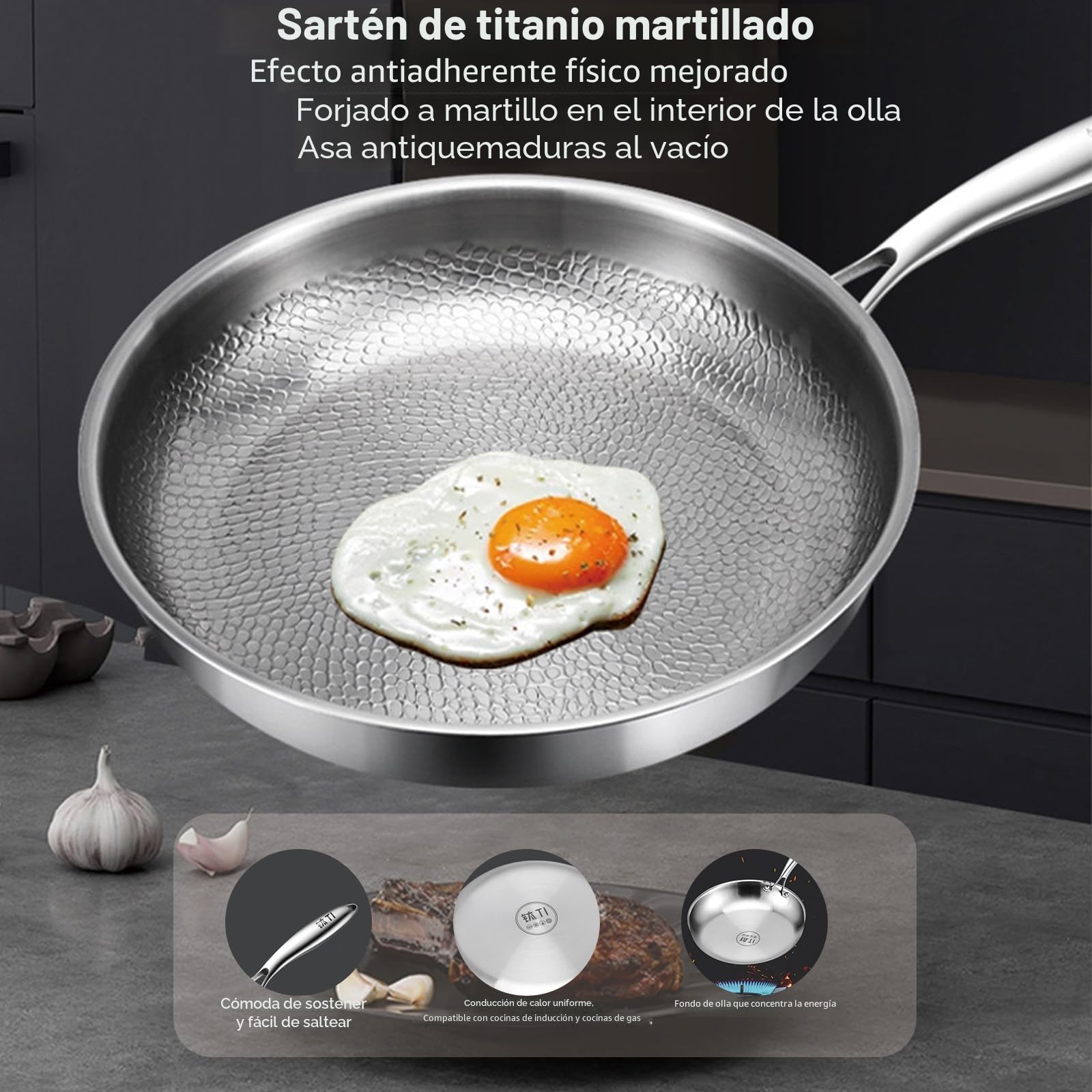 Sartén de titanio puro, sartenes de titanio puro martillado para cocinar, resistente a los arañazos, antiadherente, apta para lavavajillas, sartén martillada con tapa, compatible con todas las placas