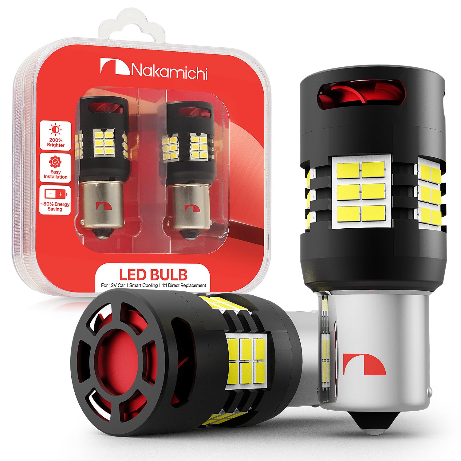 Nakamichi BA15S 1156 LED żarówka samochodowa P21W 30-SMD z CANBUS, wentylator 12000 obr./min, bez błędów, do świateł cofania, hamulec kierunkowskaz, światło tylne (ksenonowa biel, 30 diod LED, 2