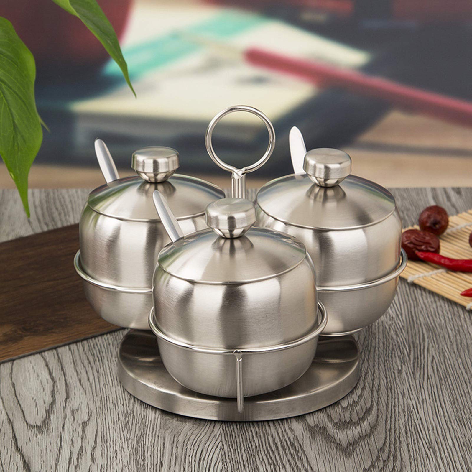 Seasoning Containers Set, Stainless Steel Sugar Bowl Salt Container with Lid and Spoon for Salt Pepper Sugar Spice Storage Organizer