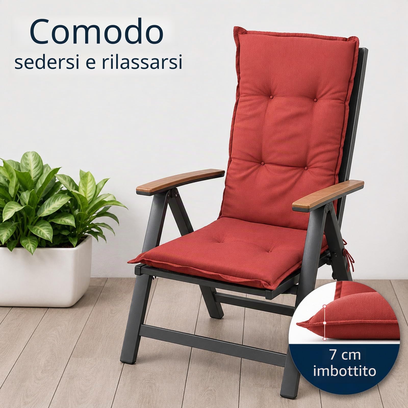BURI 6 cuscini per sedia da giardino con schienale alto, 117 x 49 x 6 cm, resistenti alle intemperie, con anima in schiuma e tessuto non tessuto, cinghie di fissaggio e laccetti, comodi cuscini per