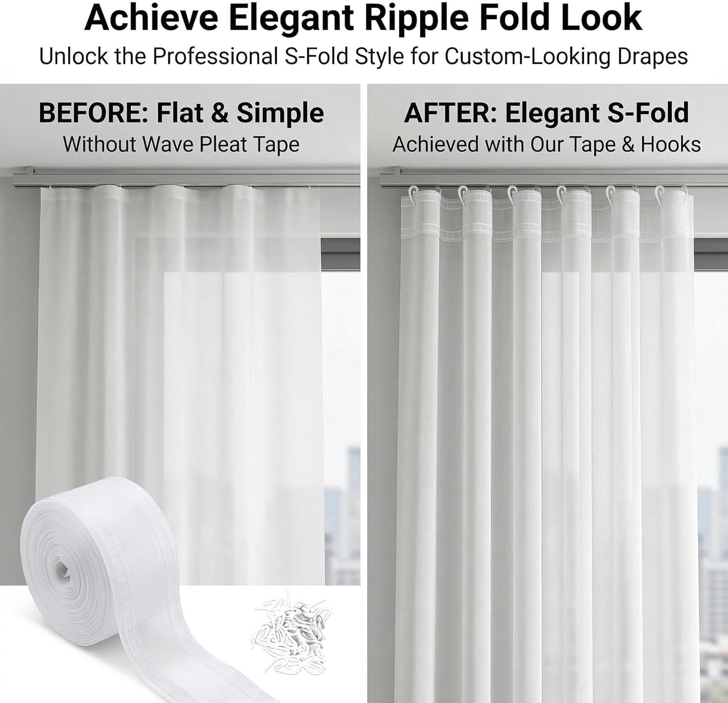 Wave Pleat Drapery Tape 10 Yards - Translucent Ripple Fold Curtain Tape with 100 Hooks for Drapes, DIY Home Decor, Window Treatment & Craft Projects