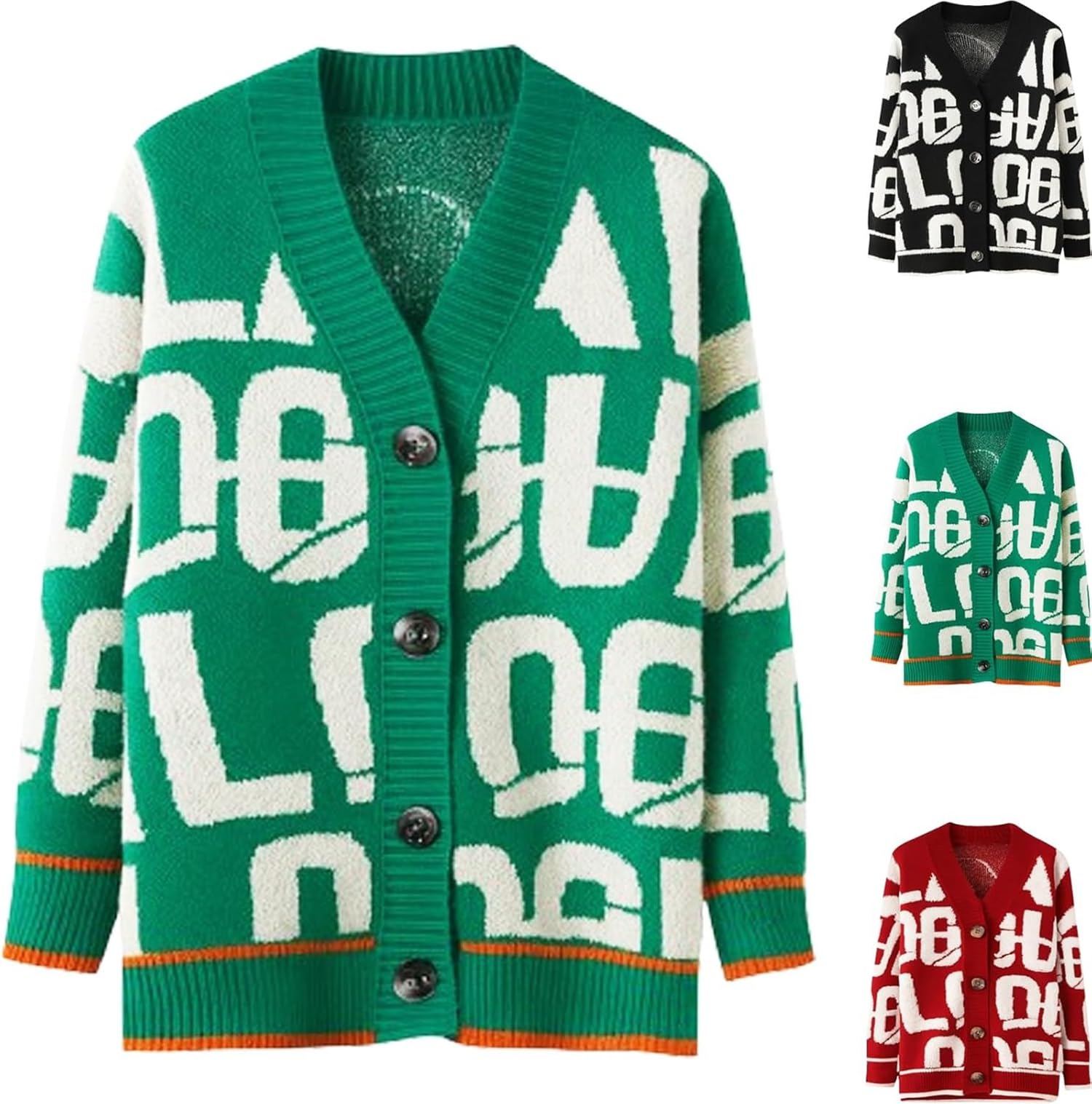 Womens Abstract Letter Print Cardigan V-Neck Long Sleeve Color Block Button Down Sweater Fashion Outwear